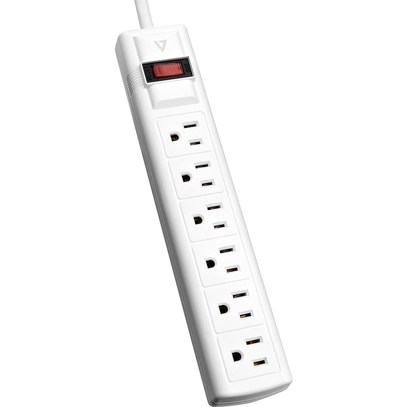 V7 6-Outlet Surge Protector, 8 ft cord, 900 Joules, White