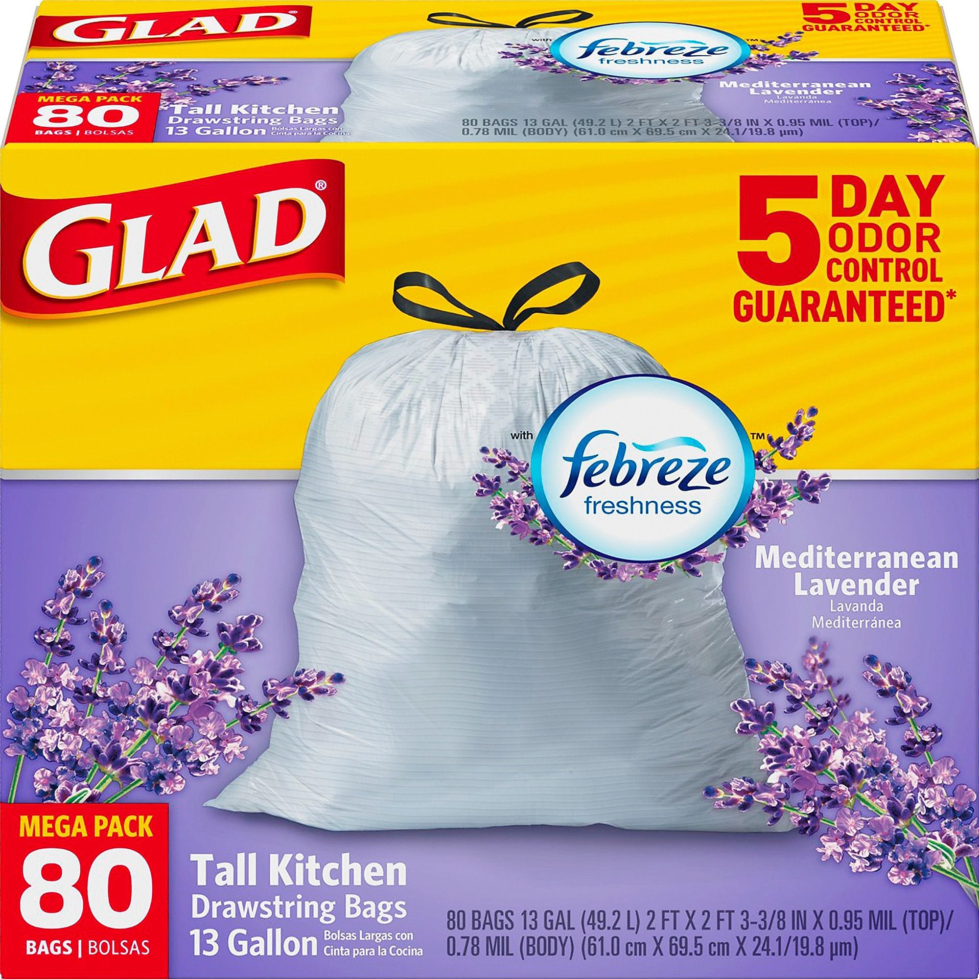 Glad 13-gal Medit. Lavender Drawstring Bags, 13 gal, 0.78 mil (20 Micron) Thickness, White, 240/Carton, 80 Per Box