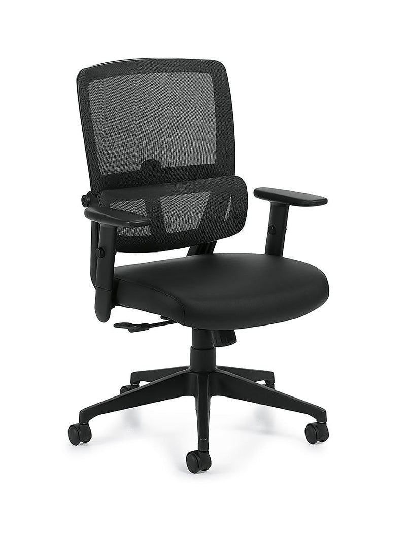 Offices To Go High-Back Mesh/Luxhide Managers Chair, Black, Adjustable Arms (OTG12110B)