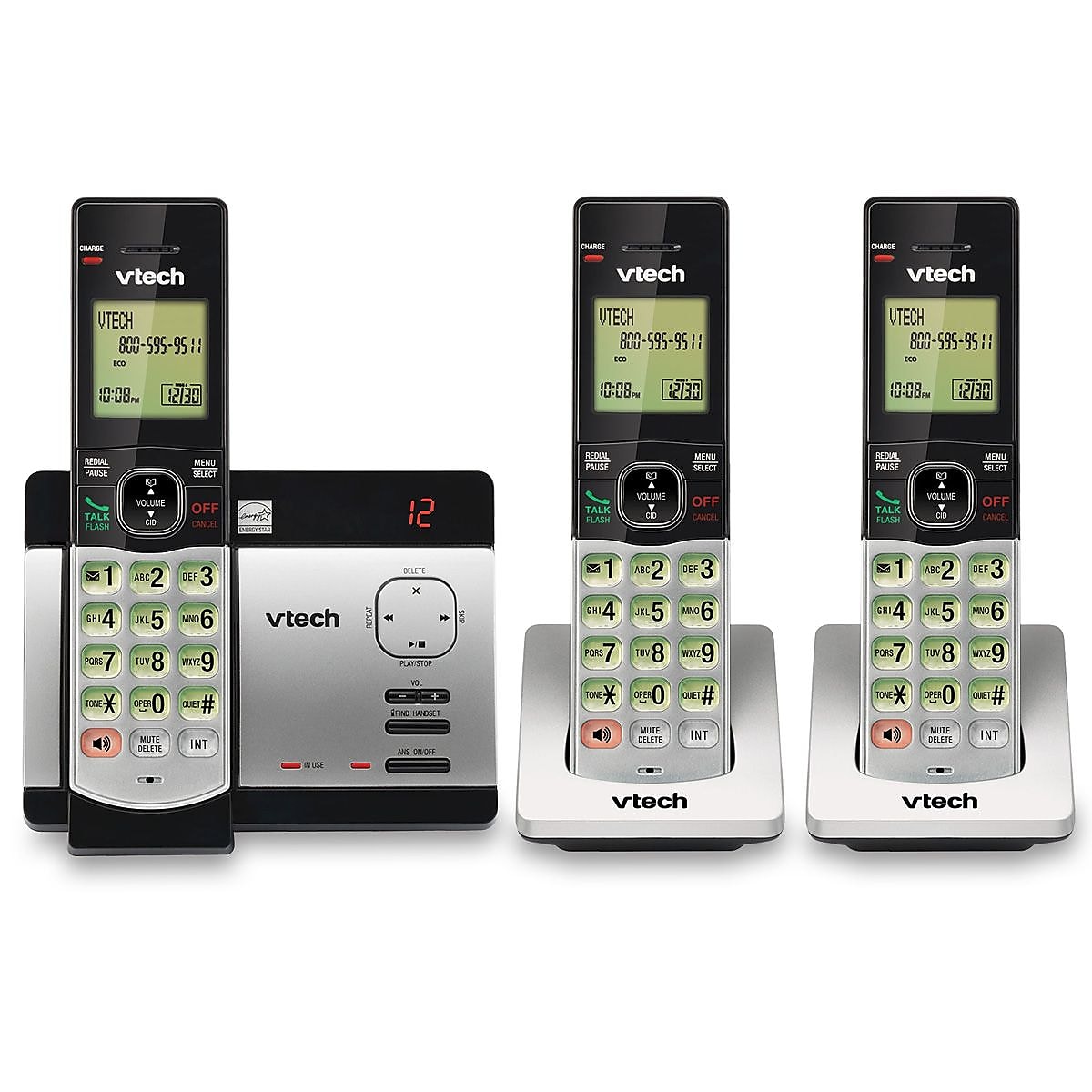 VTech CS5129-3 3-Handset Cordless Telephone with Answering Machine, Silver/Black (80-0198-00)