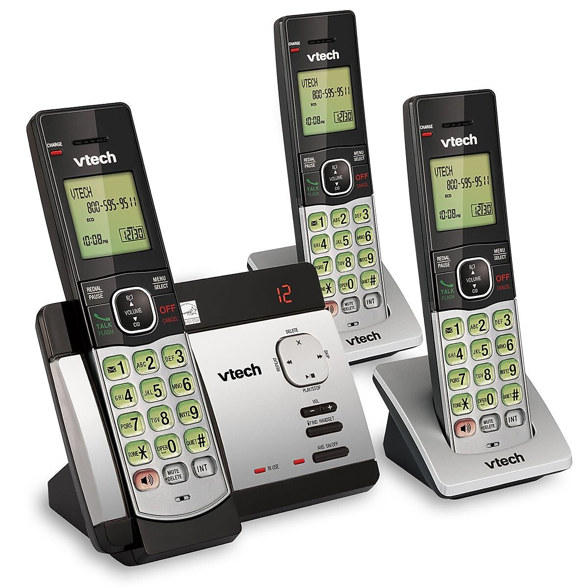 VTech CS5129-3 3-Handset Cordless Telephone with Answering Machine, Silver/Black (80-0198-00)