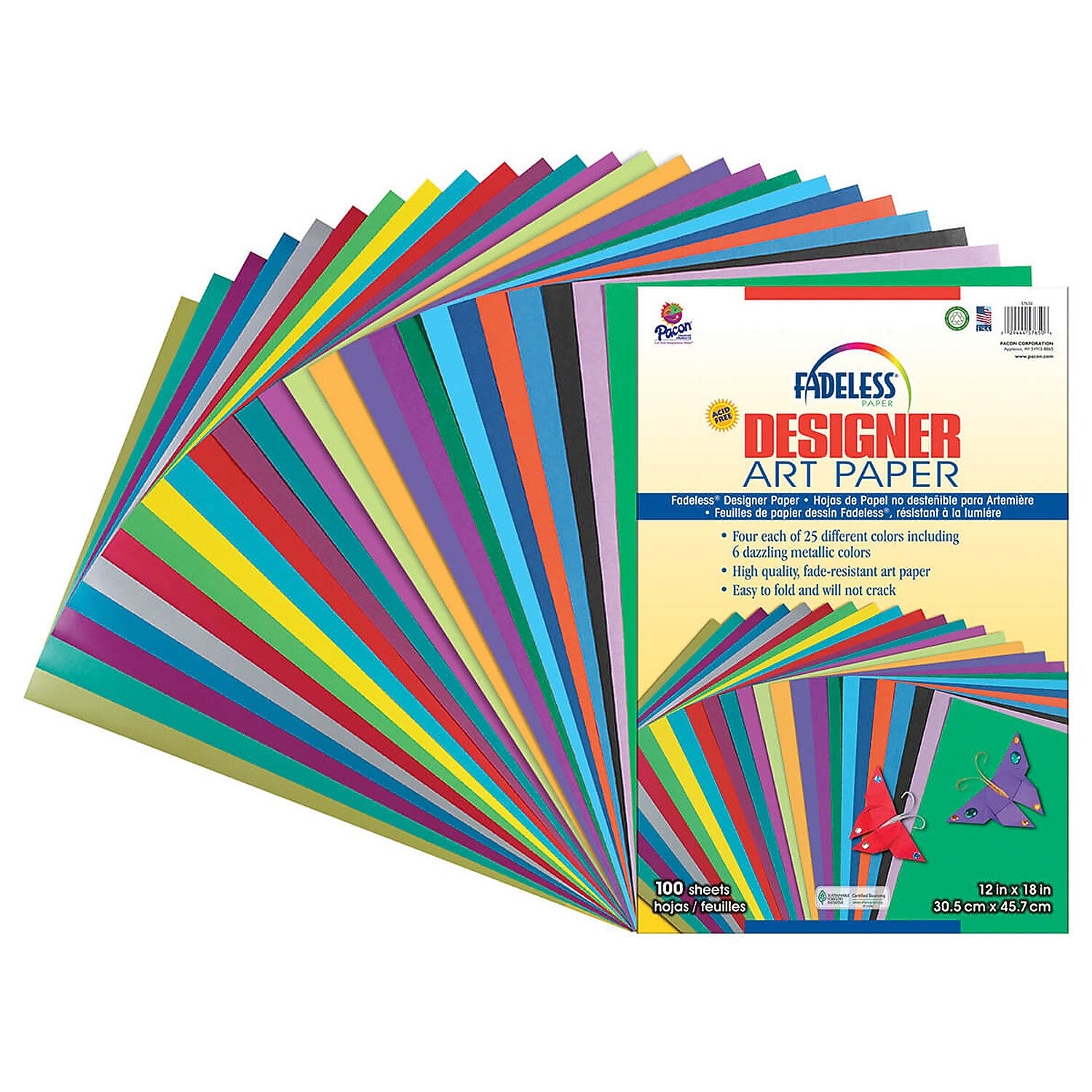 Fadeless Designer Art Paper Sheets, 12"x18", 25 Assorted Colors, 100 Sheets/Pack