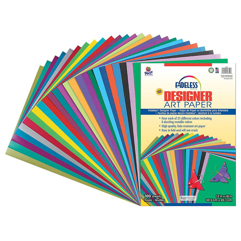 Fadeless Designer Art Paper Sheets, 12"x18", 25 Assorted Colors, 100 Sheets/Pack