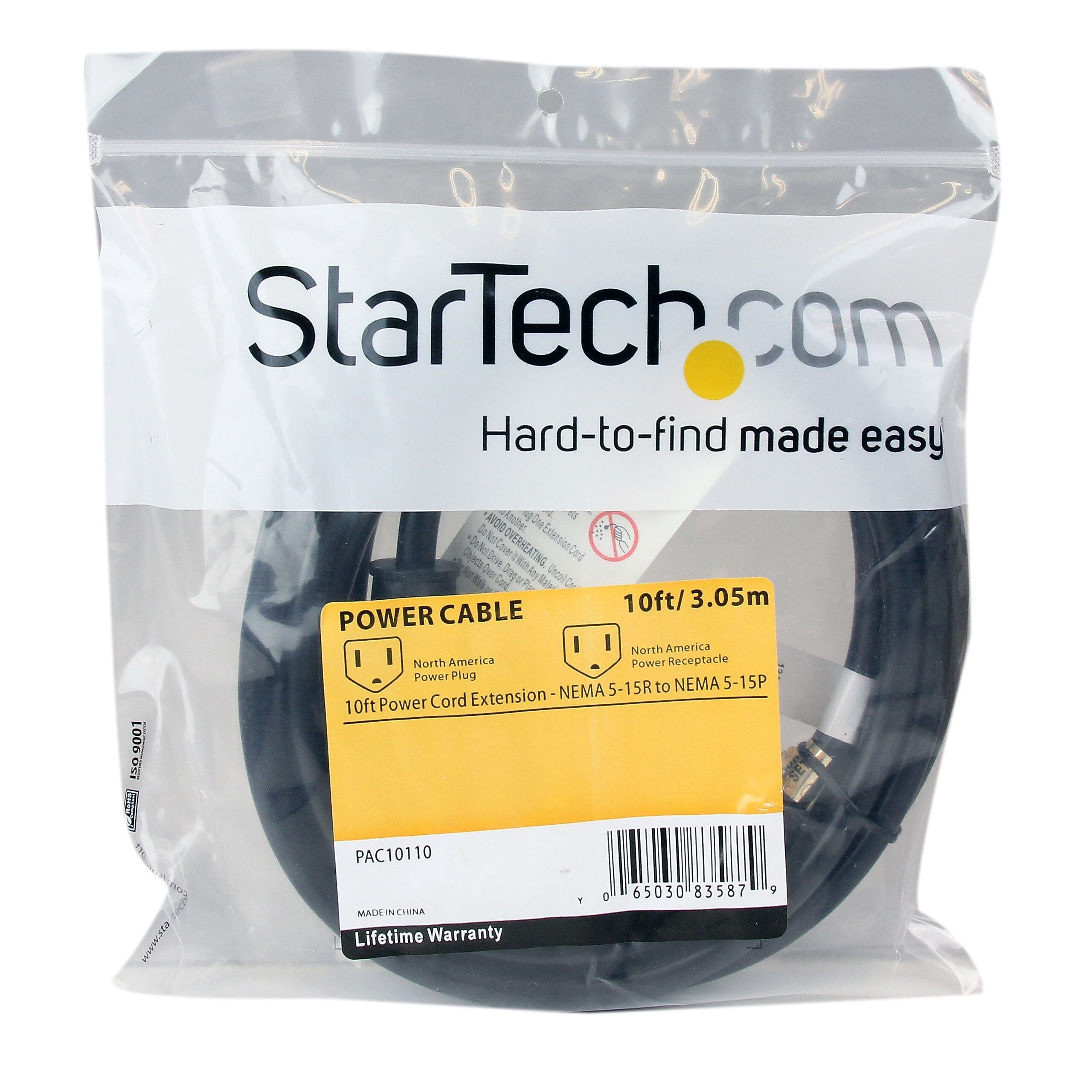 StarTech 10' Extension Cord, 16 AWG, Black (PAC10110)