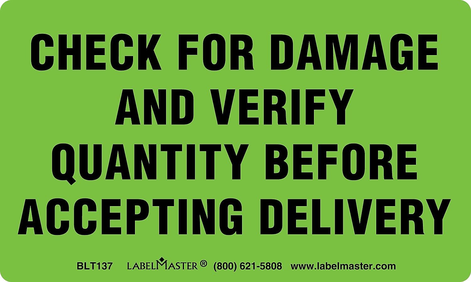 ColorBrite™ "Check for Damage and Verify Quantity" Label, 3" x 5", 500/Roll (BLT137)