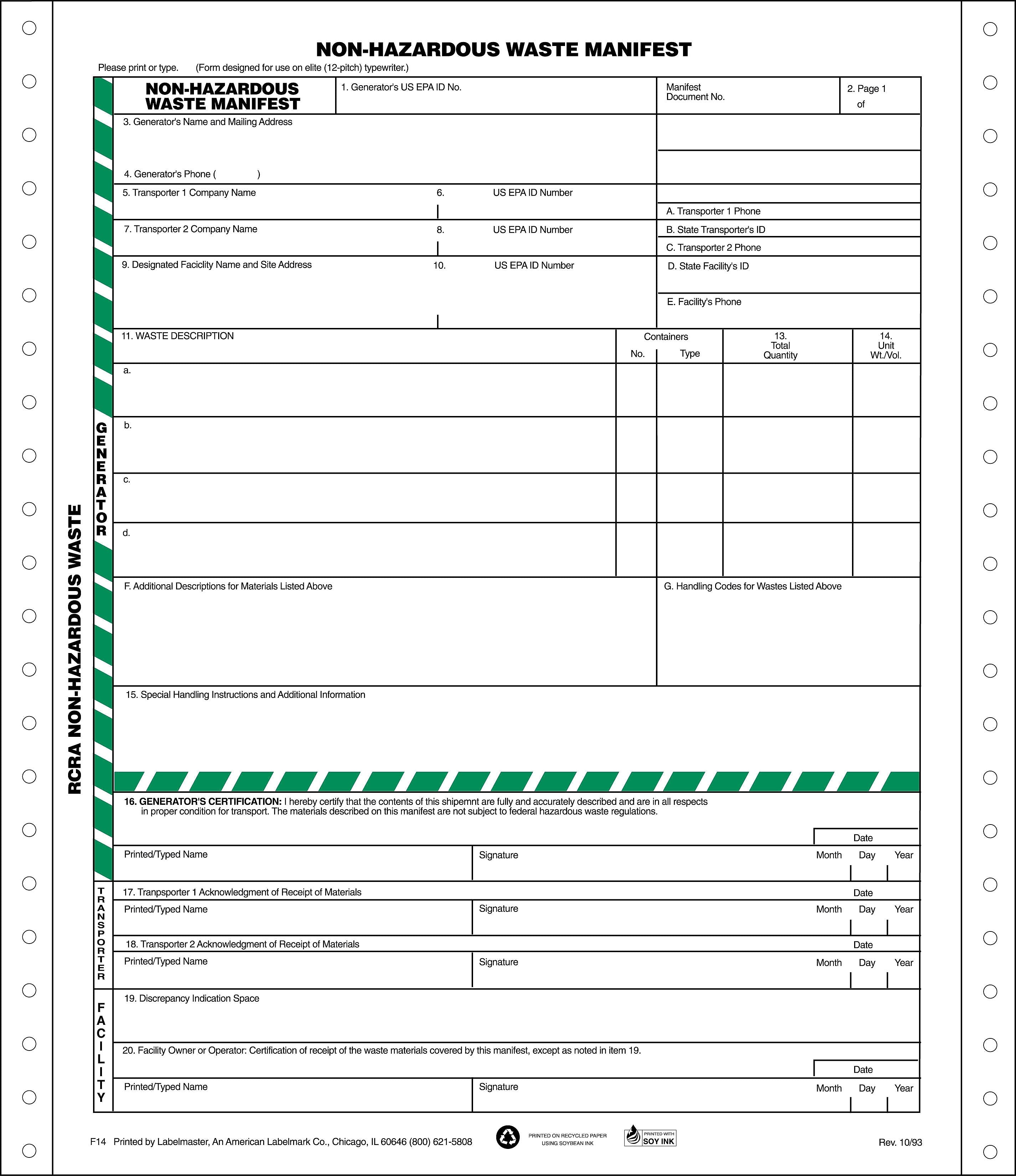 Labelmaster® Non-Hazardous Waste Manifest, Pin-Feed, 6-Part Form, 11" x 8.5", 500/Carton (CF14)