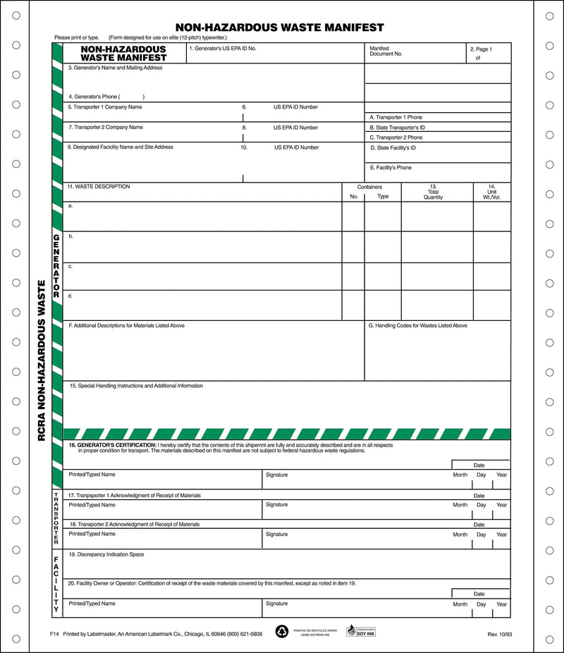 Labelmaster® Non-Hazardous Waste Manifest, Pin-Feed, 6-Part Form, 11" x 8.5", 500/Carton (CF14)