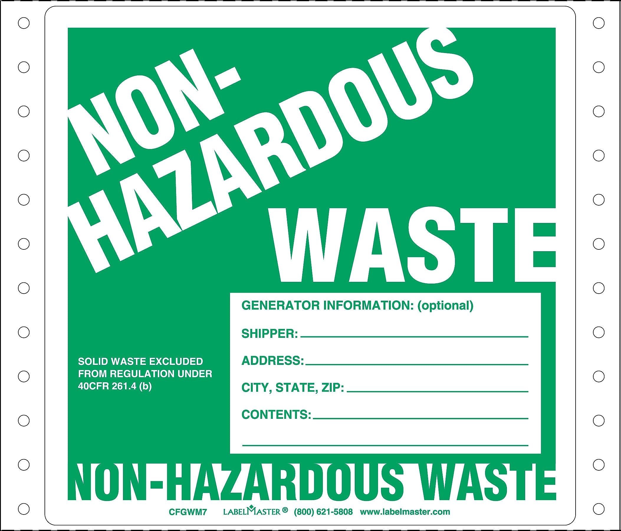 Labelmaster® Non-Hazardous Waste Label, w/Generator Info, Pin-Feed Paper, 5.875" x 6", 500/Pack (CFGWM7)