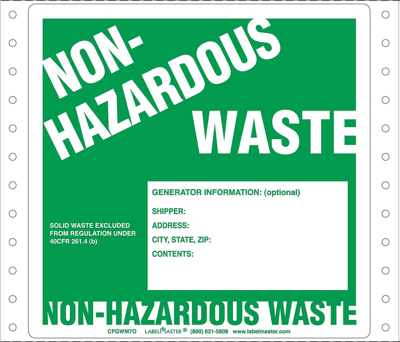 Labelmaster® Non-Hazardous Waste Label, Generator Info, Pin-Feed Paper, 5.875" x 6", 500/Pack (CFGWM7O)