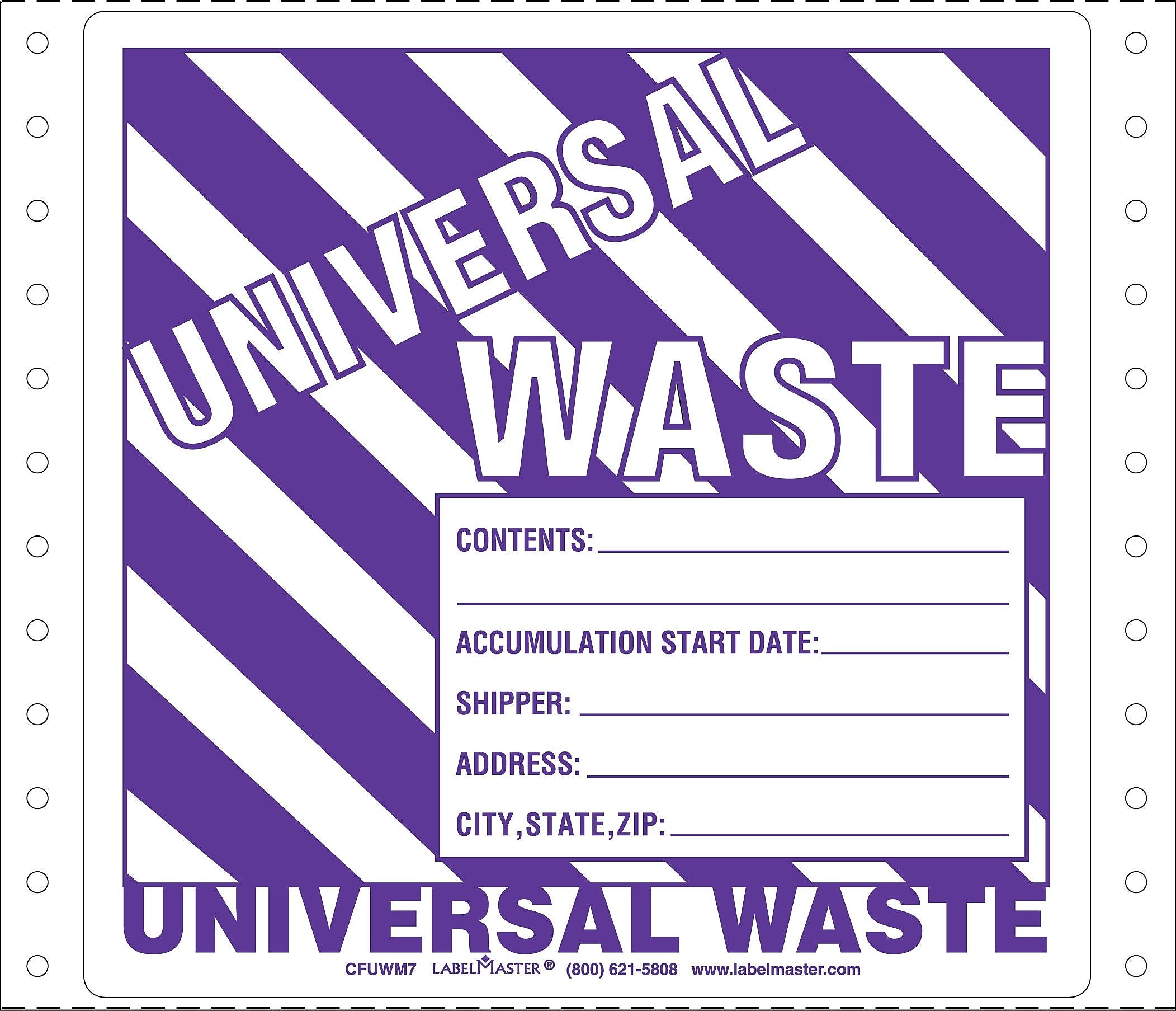 Labelmaster® Universal Waste Label w/Generator Info, Pin-Feed Paper, 5.875" x 6", 500/Pack (CFUWM7)