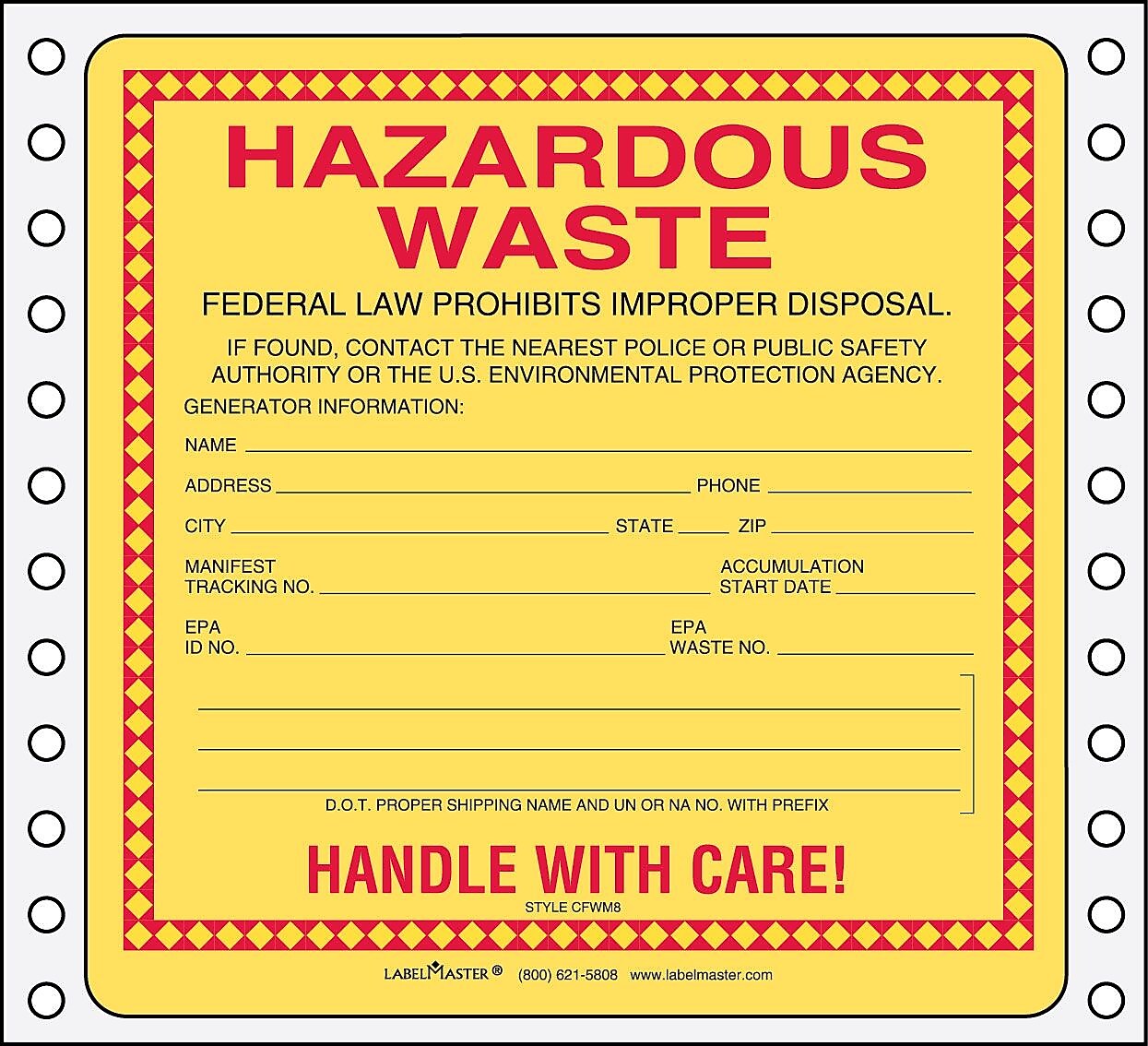 Labelmaster® Standard Waste Label, Pin-Feed PVCF, 6" x 5.875", 5.875" x 6", 500/Pack (CFWM8)