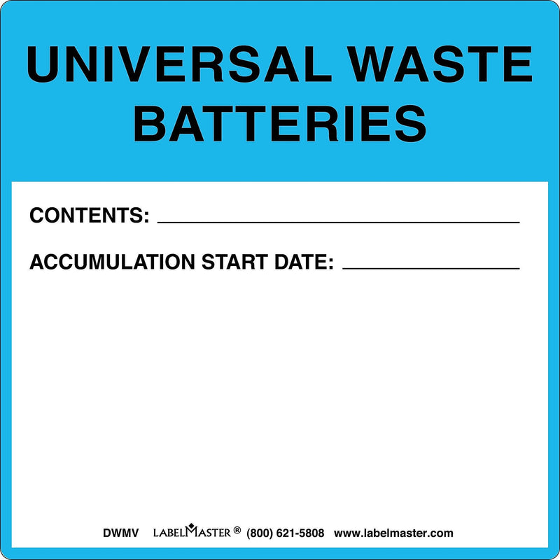 Labelmaster® Universal Waste Batteries Label, PVC-Free Film, 6" x 6", 100/Pack (DWMV)