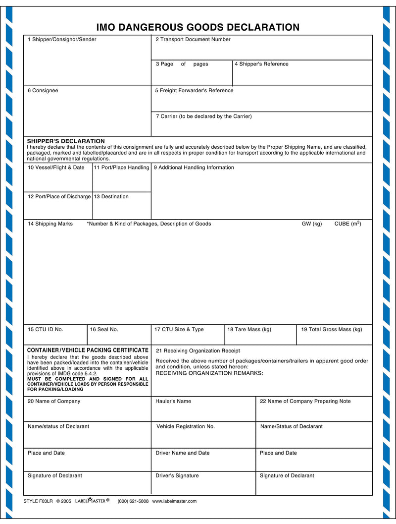 Labelmaster® IMO Dangerous Goods Declaration Form, Laser 1-Part, 100/Pack (F03LR)