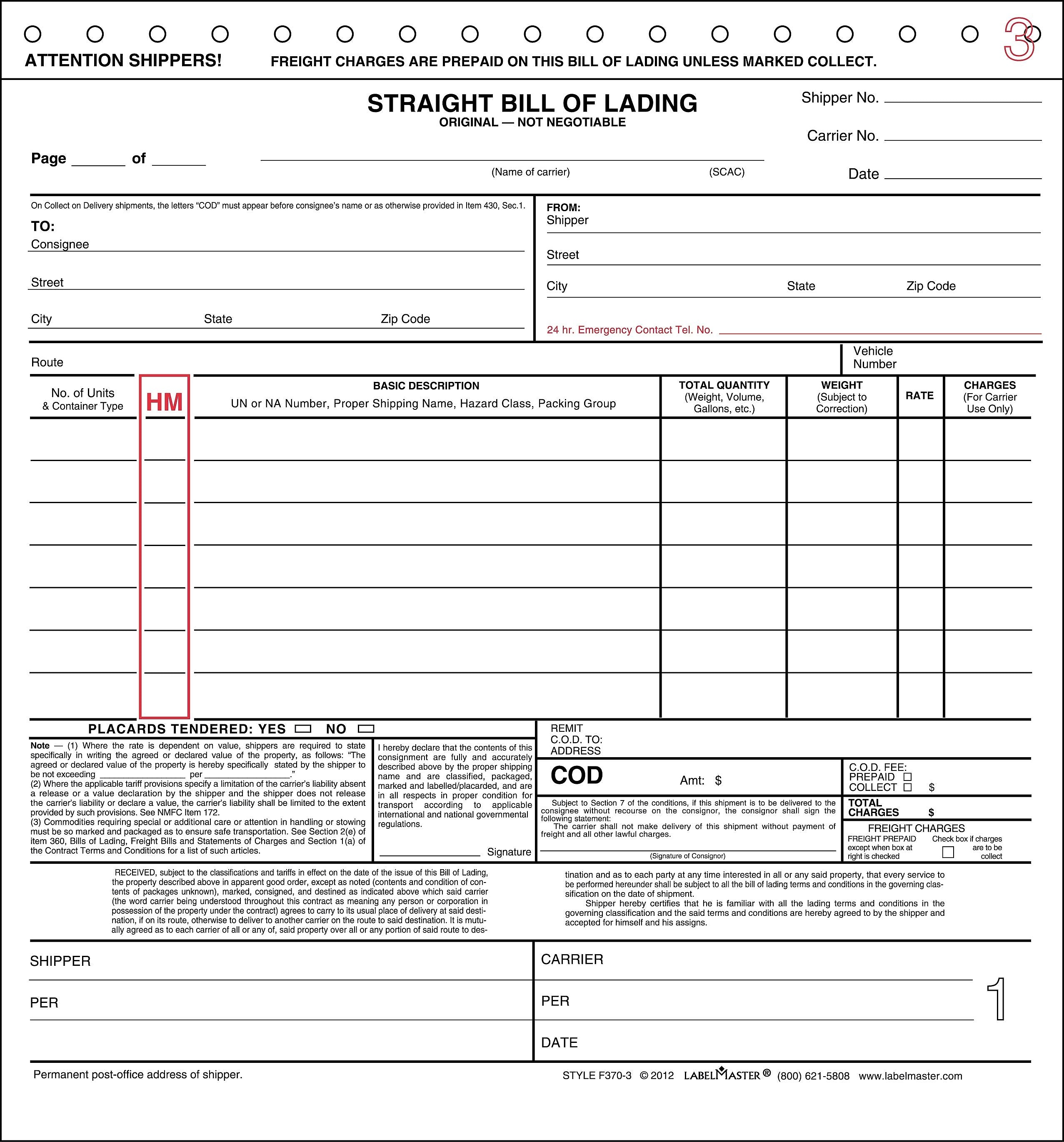 Labelmaster 3-Part Bill of Lading, 8.5" x 8.5", 100 Sets/Book (F370-3)