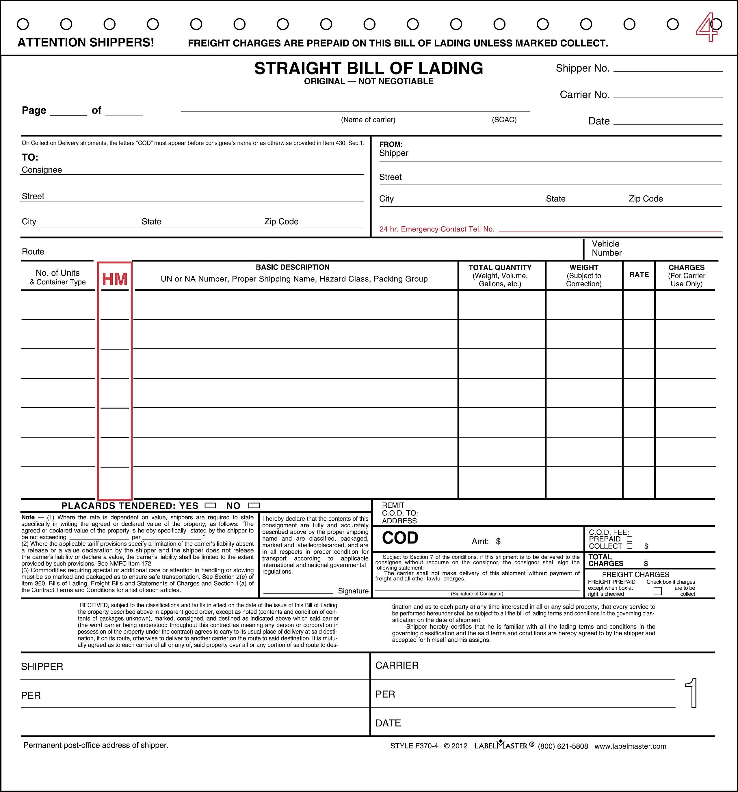 Labelmaster 4-Part Bill of Lading, 8.5" x 8.5", 100 Sets/Book (F370-4)