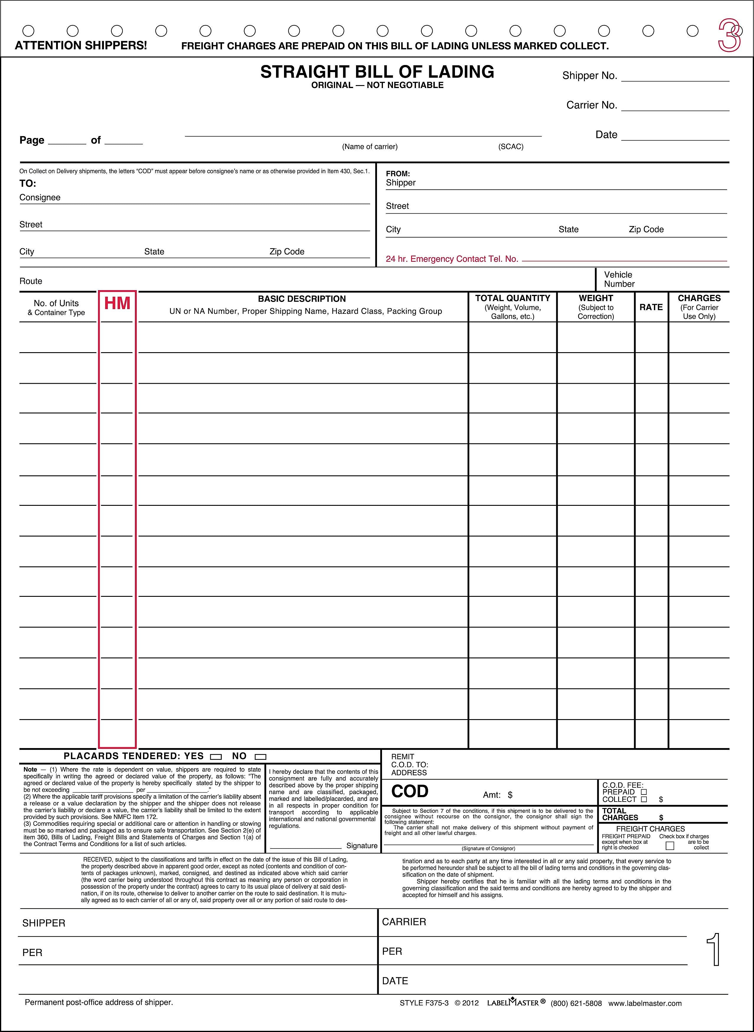 Labelmaster 3-Part Bill of Lading, 11" x 8", 100 Sets/Book (F375-3)