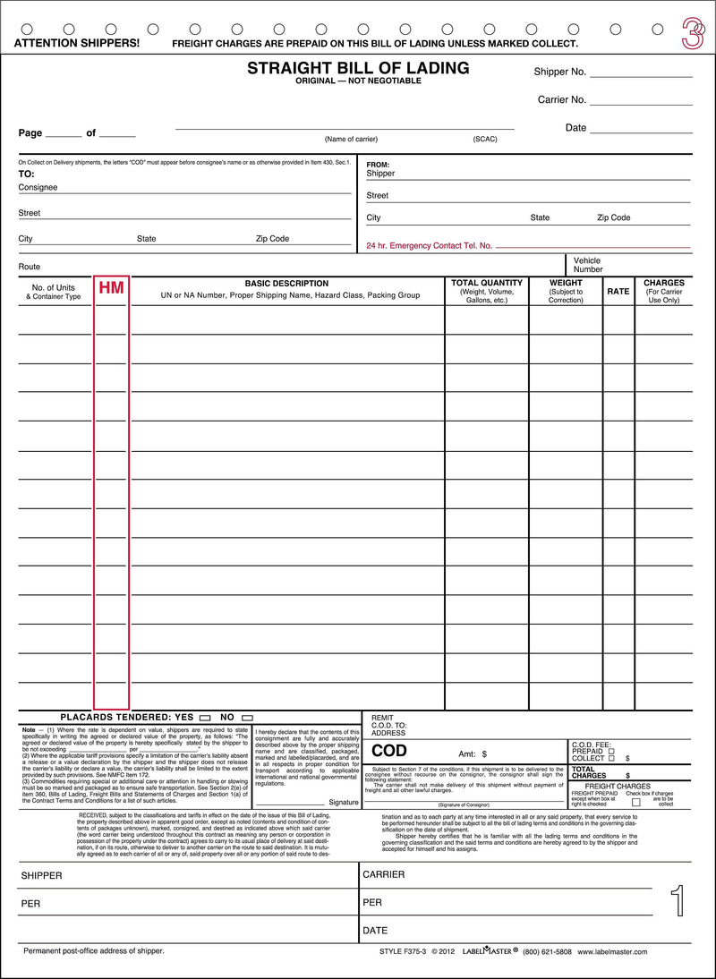 Labelmaster 3-Part Bill of Lading, 11" x 8", 100 Sets/Book (F375-3)