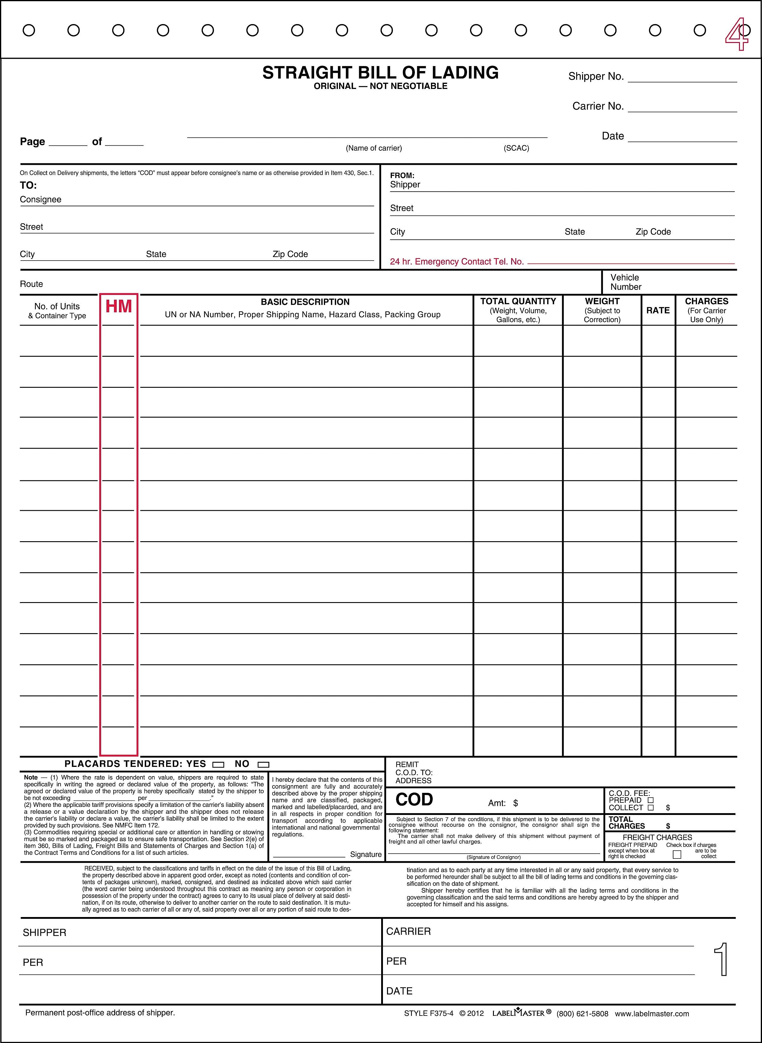 Labelmaster 4-Part Bill of Lading, 11" x 8.5", 100 Sets/Book (F375-4)