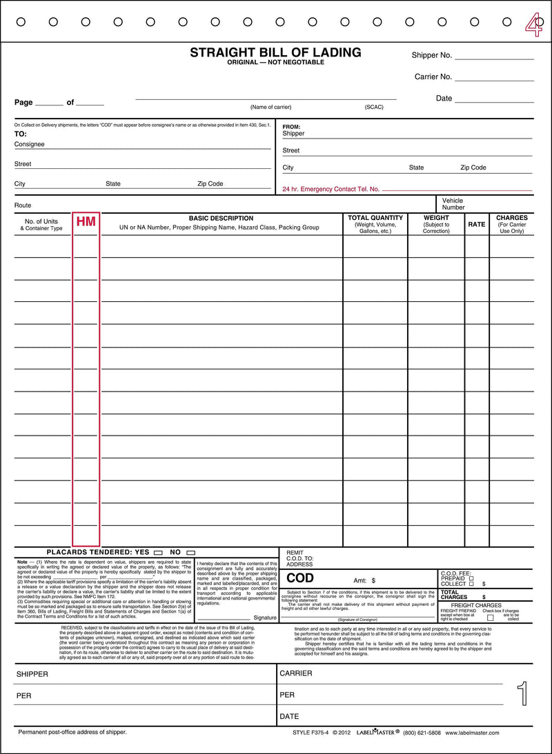 Labelmaster 4-Part Bill of Lading, 11" x 8.5", 100 Sets/Book (F375-4)