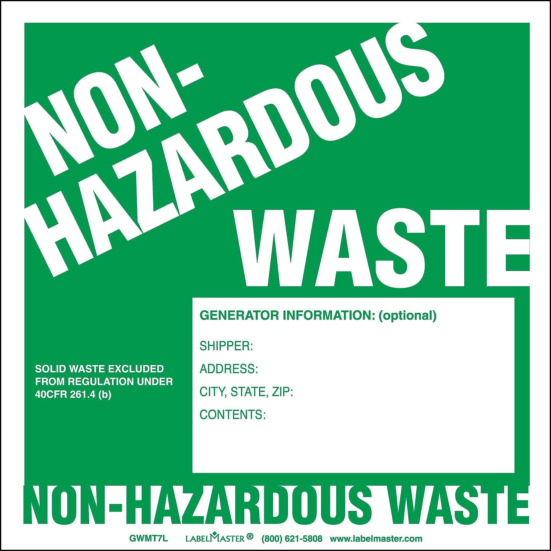 Labelmaster® Non-Hazardous Waste Labels w/Generator Info, 6" x 6", 100/Roll (GWMT7L)