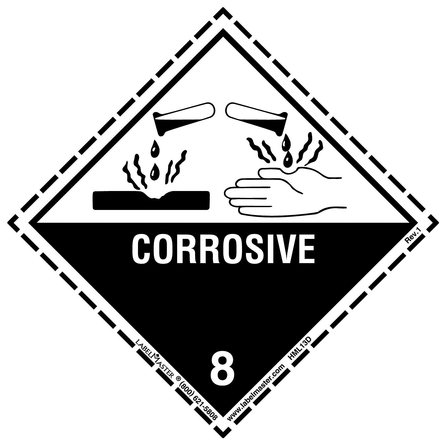 Labelmaster® Corrosive Label, Worded, w/Dotted Border, Paper, 100mm x 100mm, 500/Roll (HML13D)