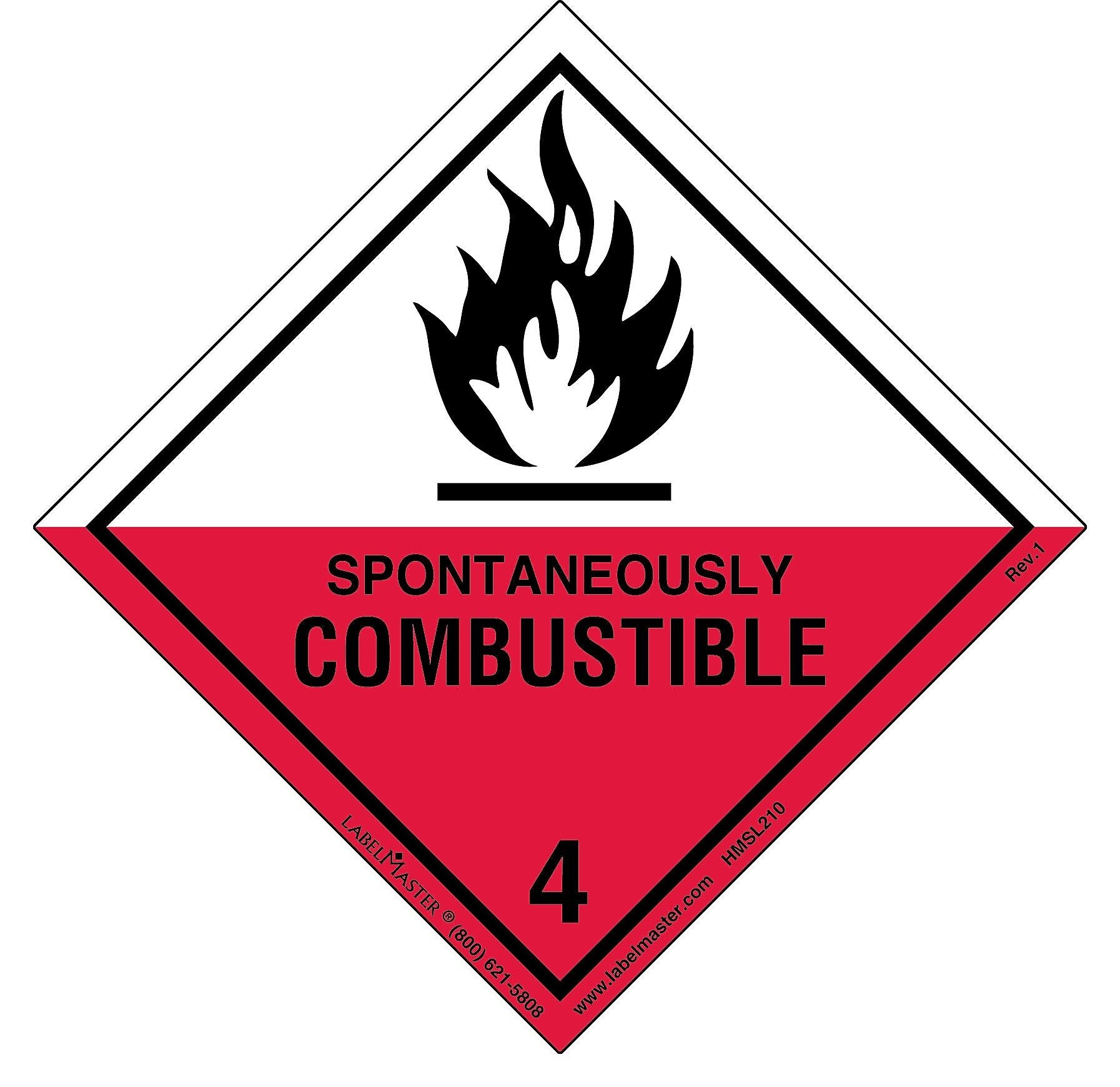 Labelmaster® Spontaneously Combustible Label, Worded, PVCFF, 100mm x 100mm, 500/Roll (HMSL210)