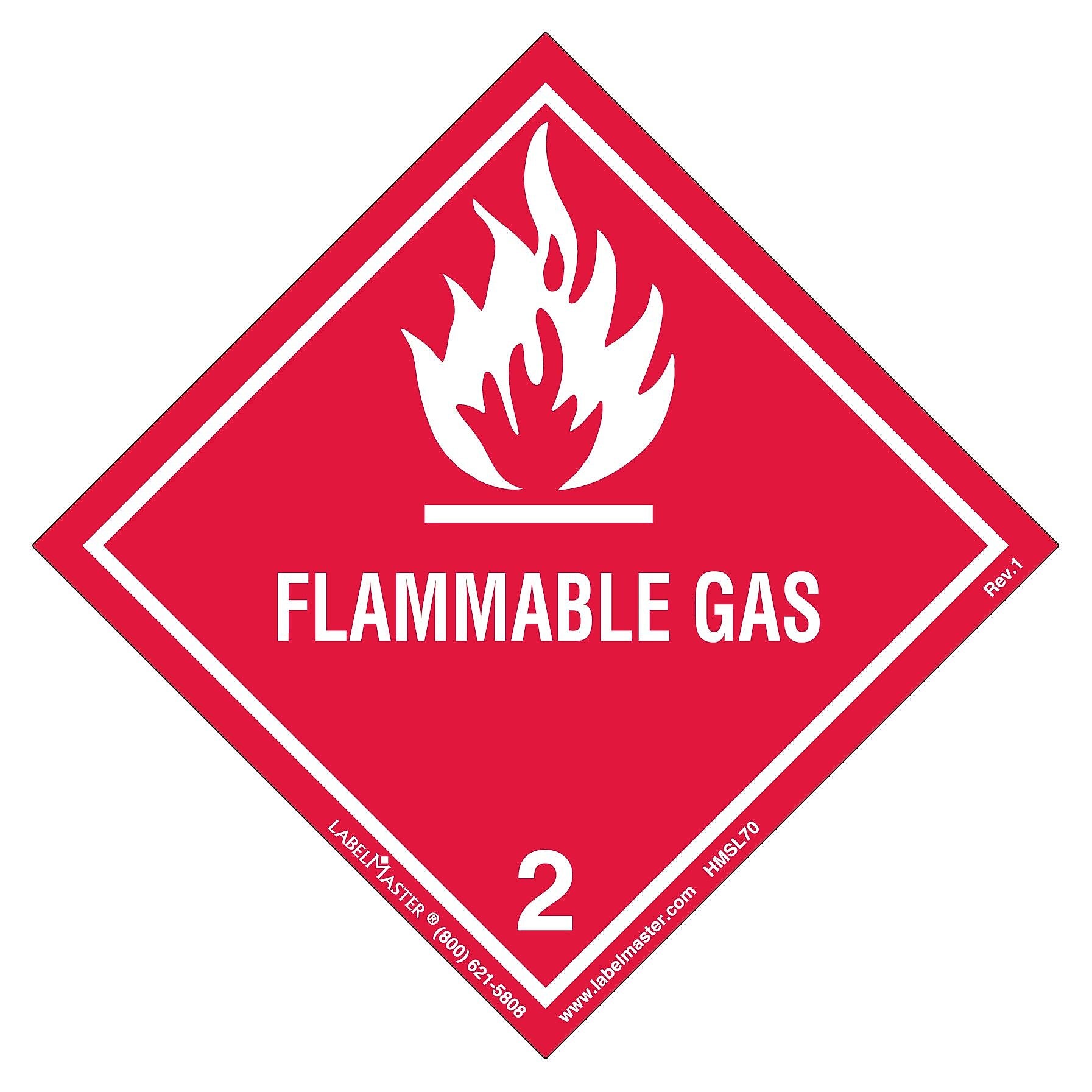 Labelmaster® Flammable Gas Label, Worded, PVC-Free Film, 100mm x 100mm, 25/Pack (HMSL70S)