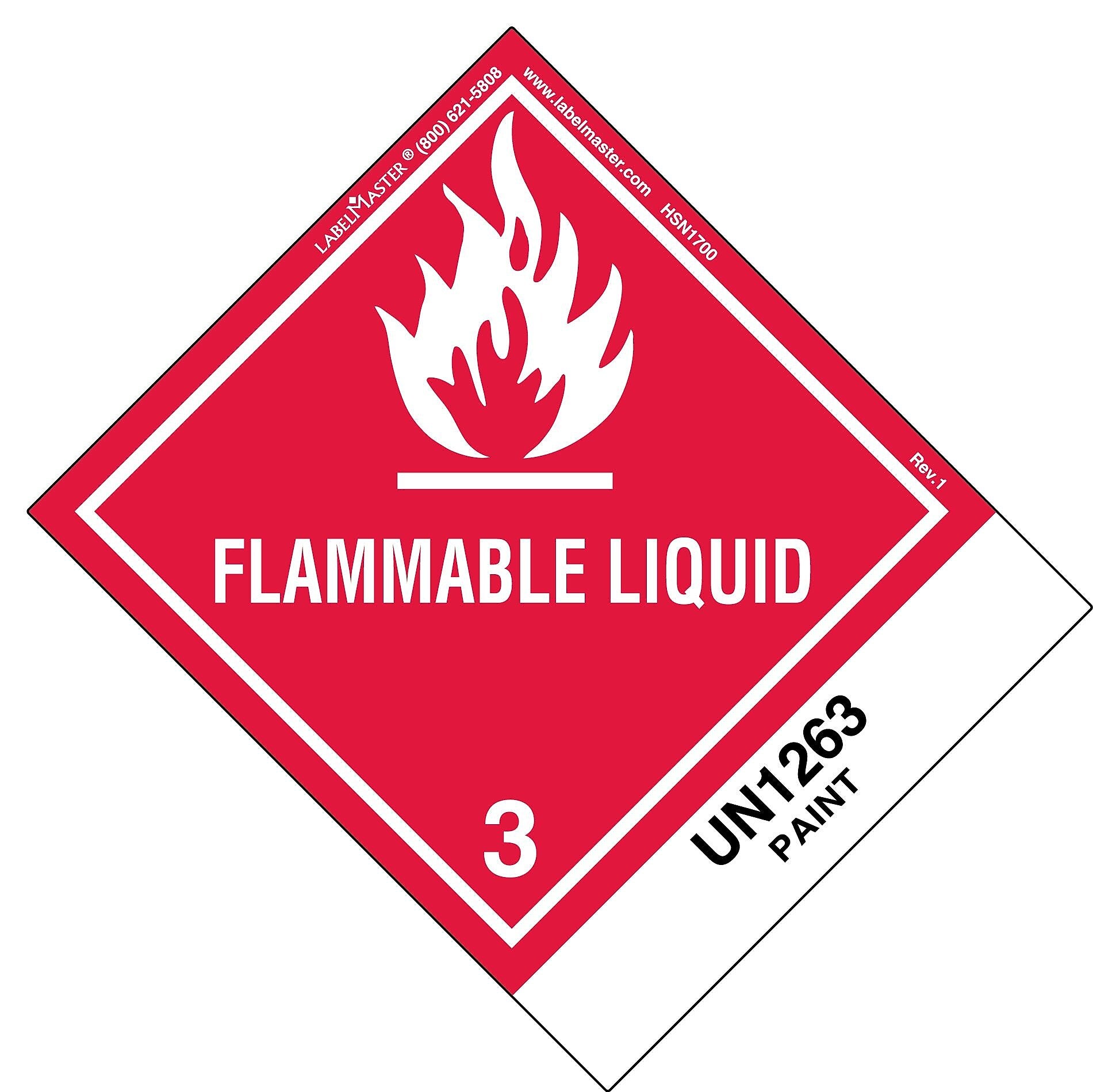 Labelmaster® Flammable Liquid Label, UN1263 Paint, Paper, Standard Tab, 120mm x 100mm, 500/Roll (HSN1700)