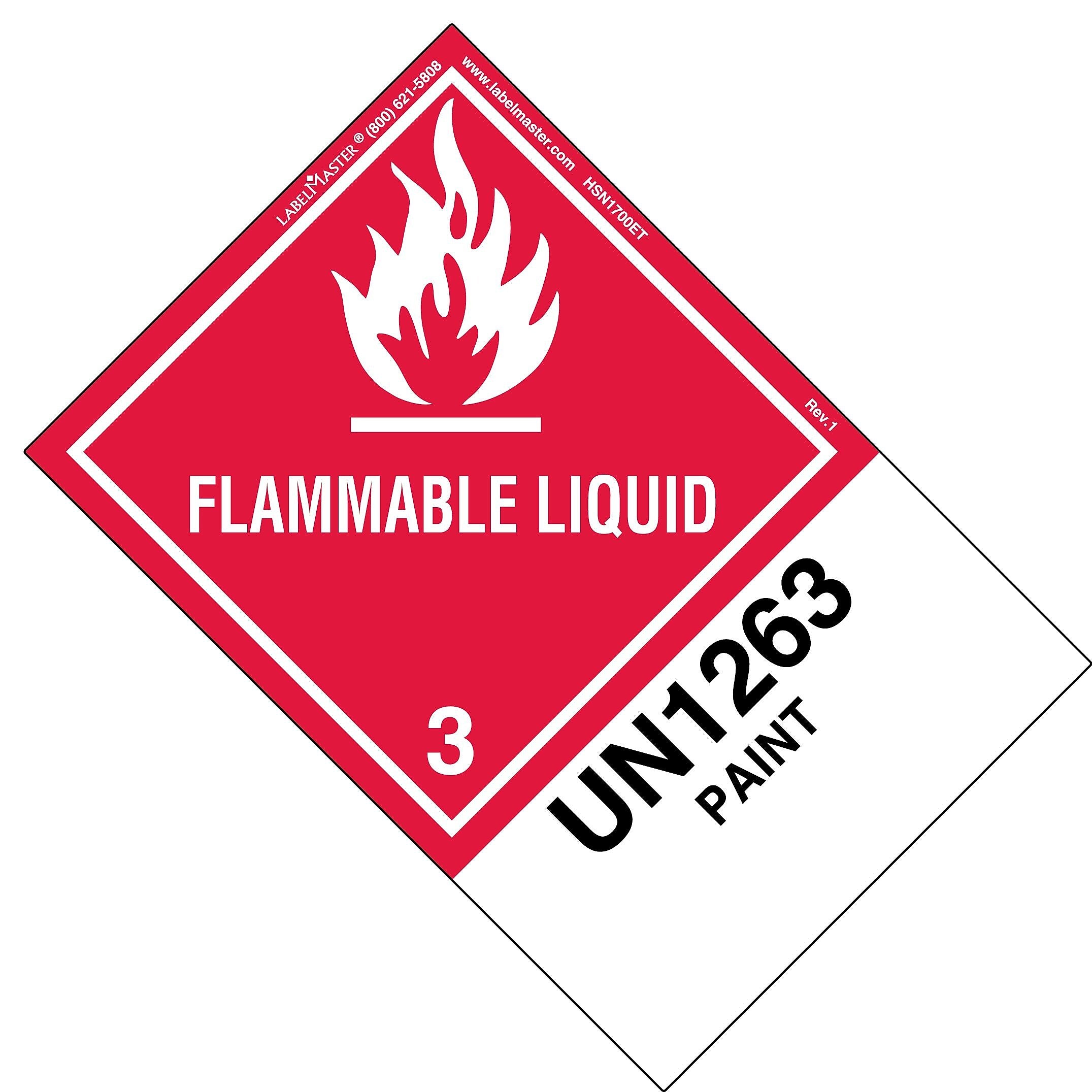 Labelmaster® Flammable Liquid Label, UN1263 Paint, Paper, Extended Tab, 150mm x 100mm, 500/Roll (HSN1700ET)