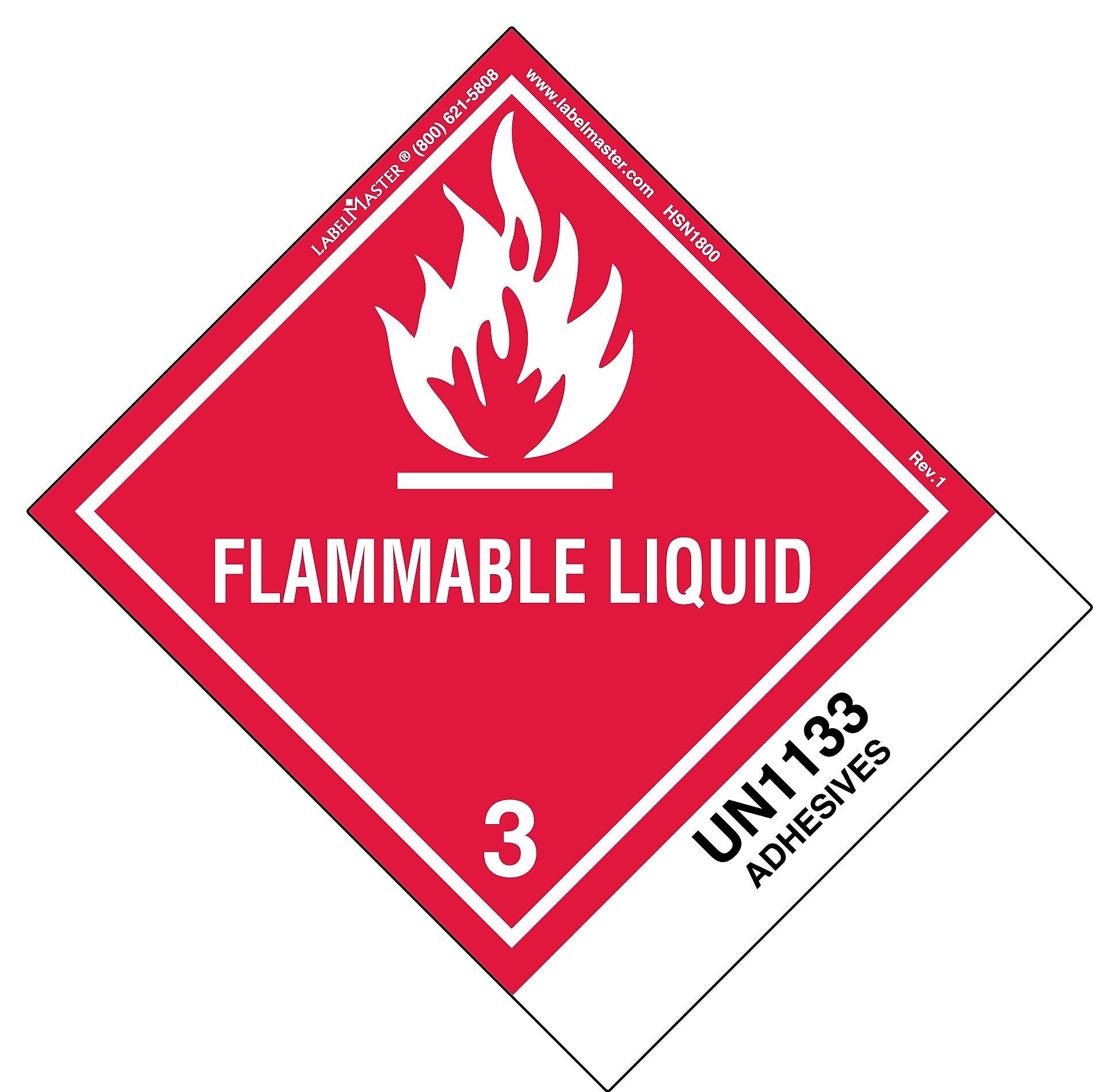 Labelmaster® Flammable Liquid Label, UN1133 Adhesives, Paper, Standard Tab, 120mm x 100mm, 500/Roll (HSN1800)