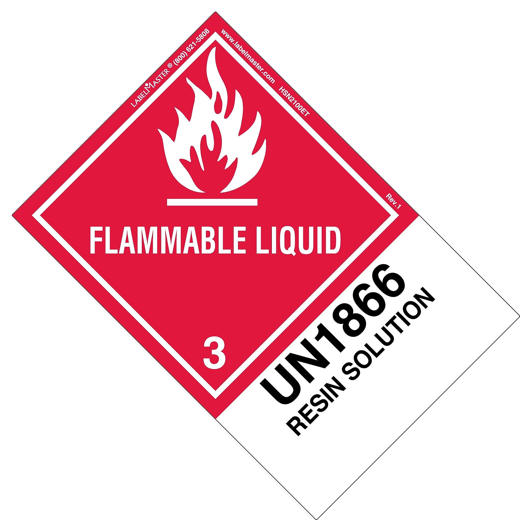 Labelmaster® Flammable Liquid Label, UN1866 Resin Solution, Extended Tab, 150mm x 100mm, 500/Roll (HSN2100ET)