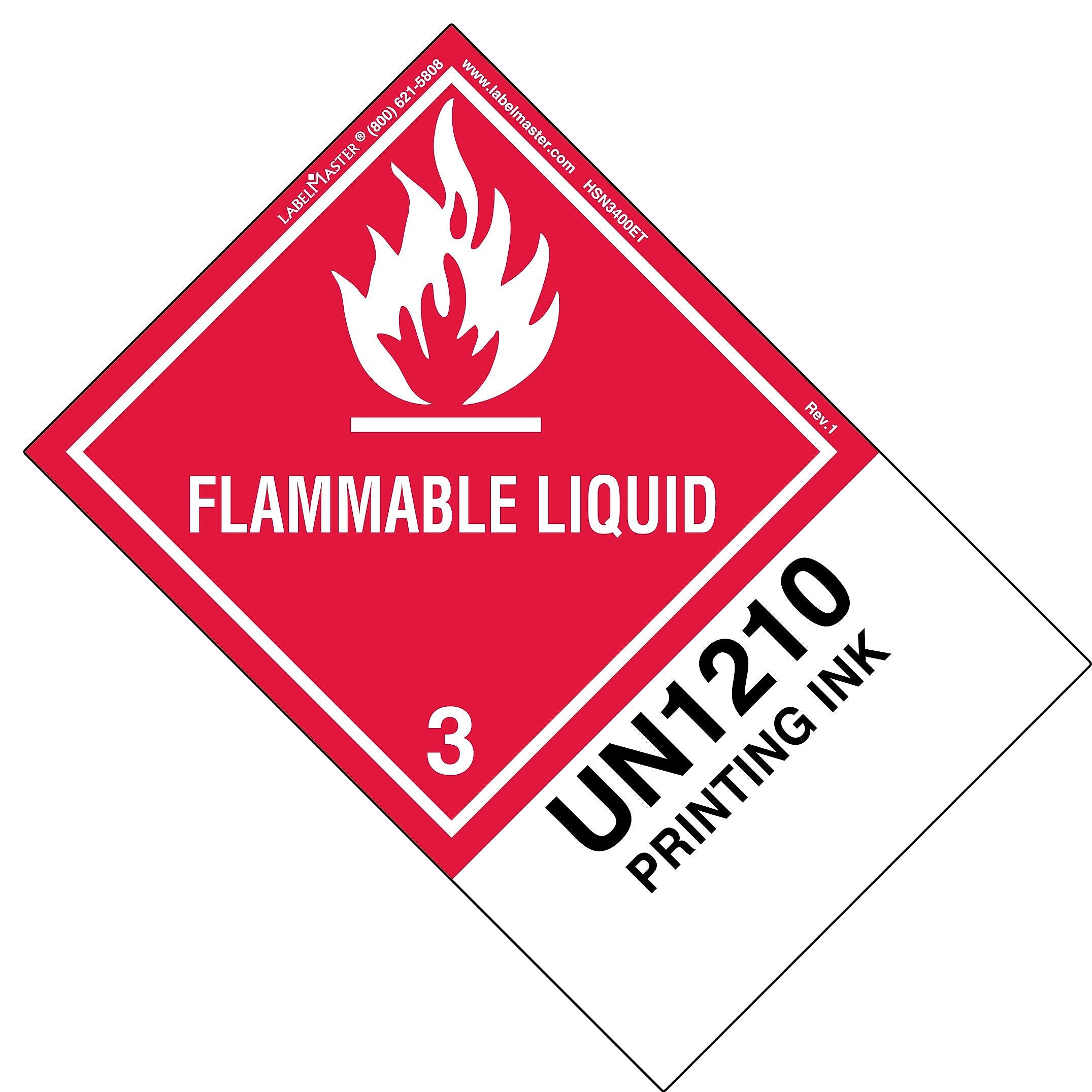 Labelmaster® Flammable Liquid Label, UN1210 Printing Ink, Paper, Extended Tab, 150mm x 100mm, 500/Roll (HSN3400ET)