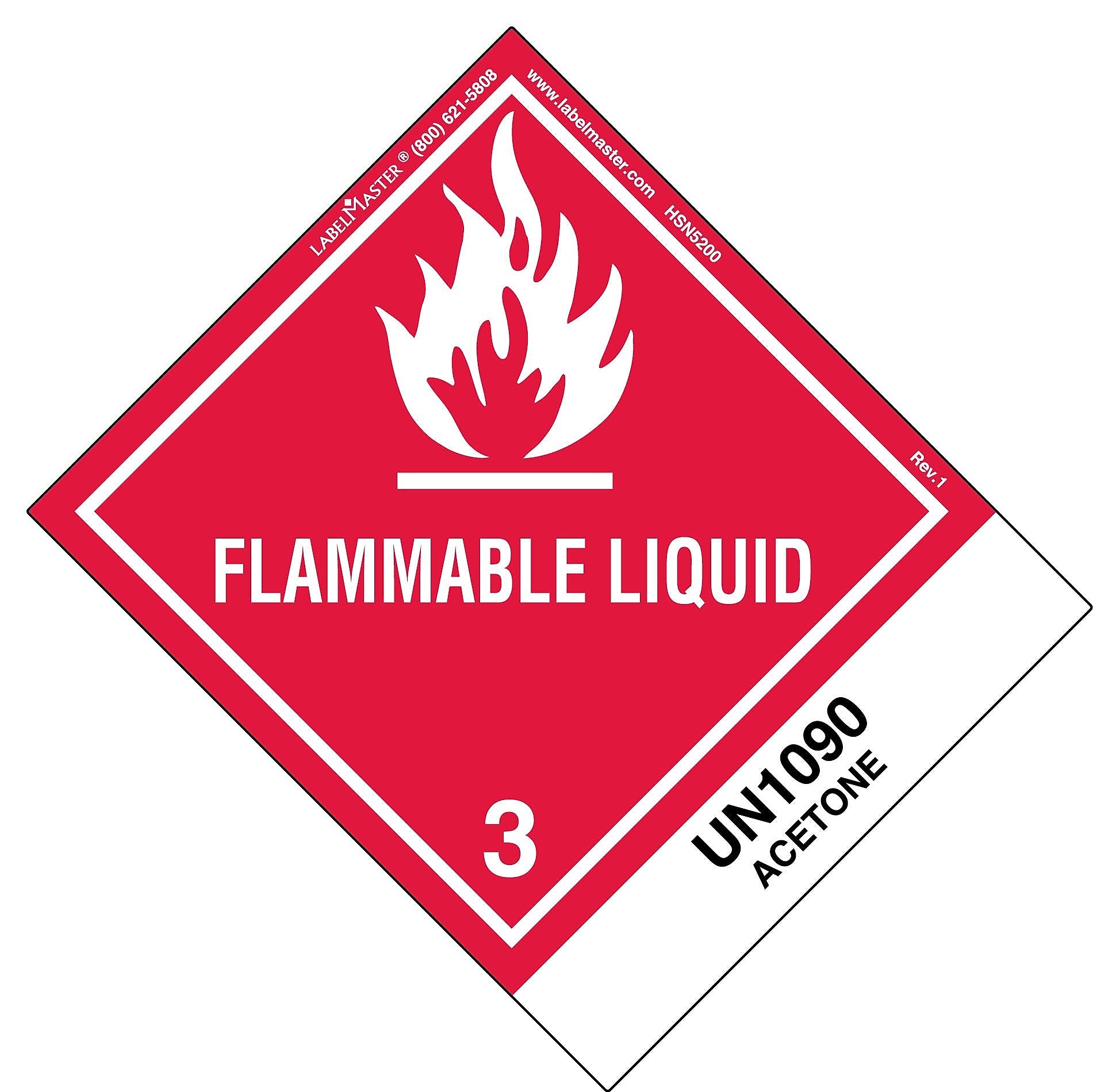 Labelmaster® Flammable Liquid Label, UN1090 Acetone, Paper, Standard Tab, 120mm x 100mm, 500/Roll (HSN5200)