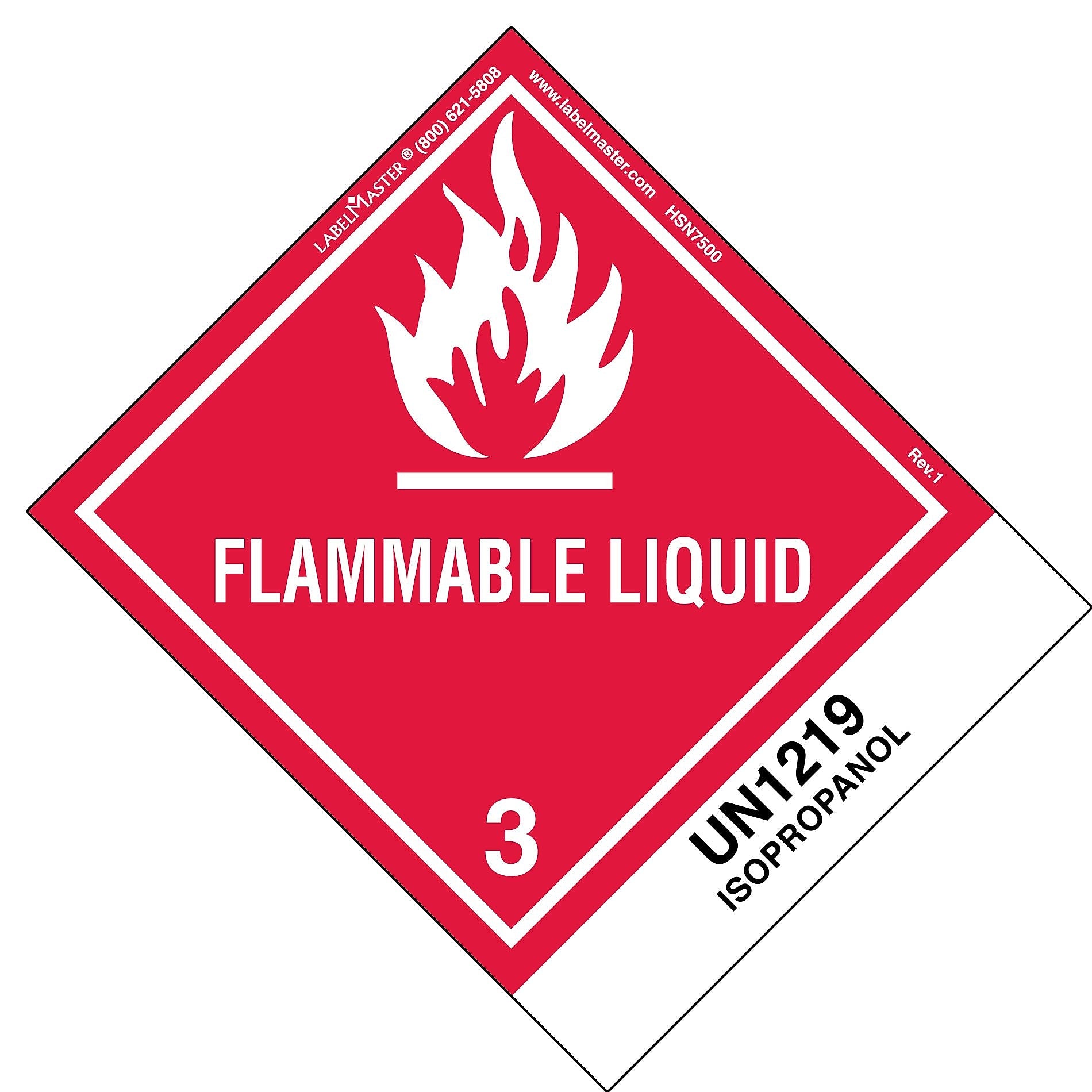 Labelmaster® Flammable Liquid Label, UN1219 Isopropanol, Paper, Standard Tab, 120mm x 100mm, 500/Roll (HSN7500)