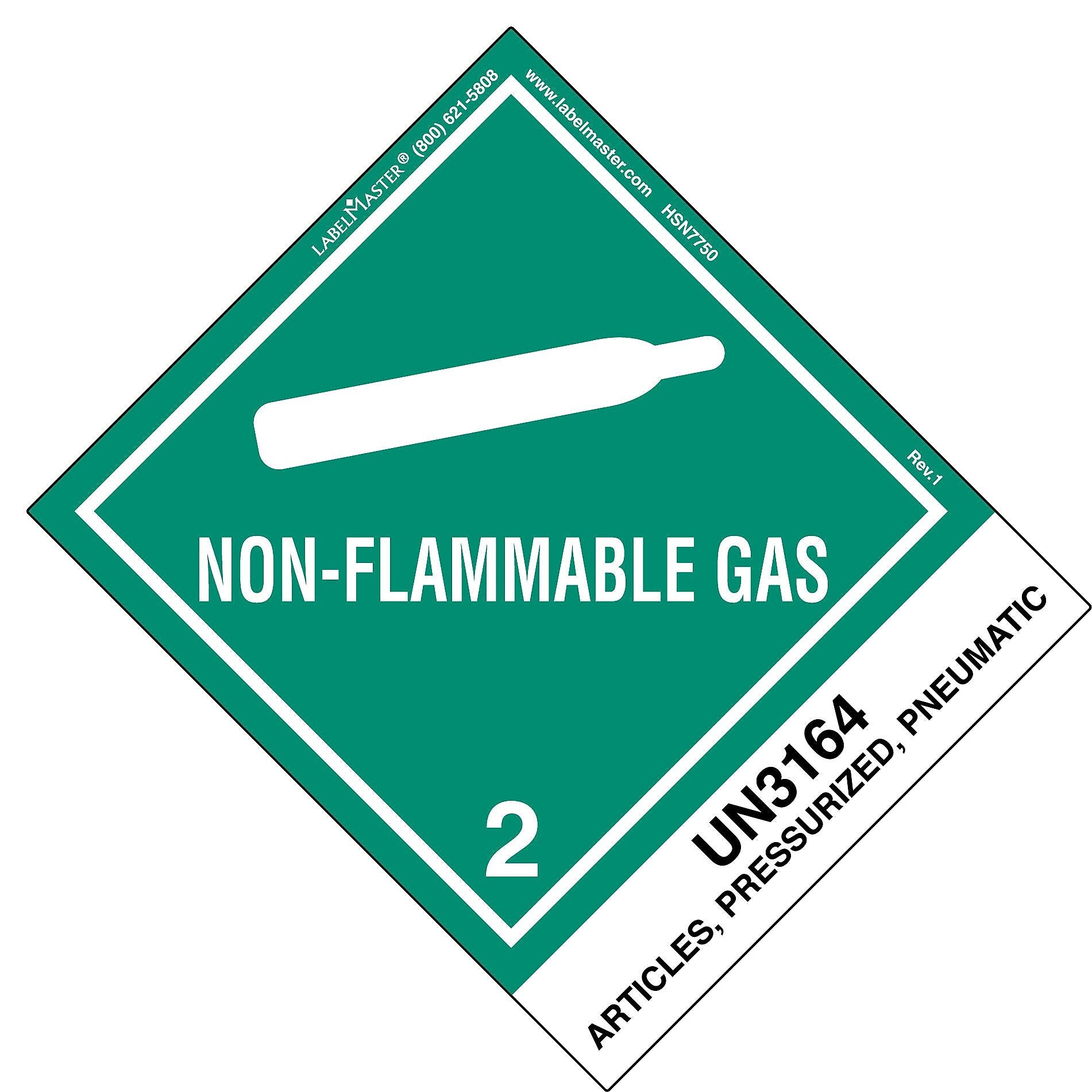 Labelmaster® Non-Flammable Gas Label, UN3164 Articles, Pressurized, Pneumatic, 120mm x 100mm, 500/Roll (HSN7750)