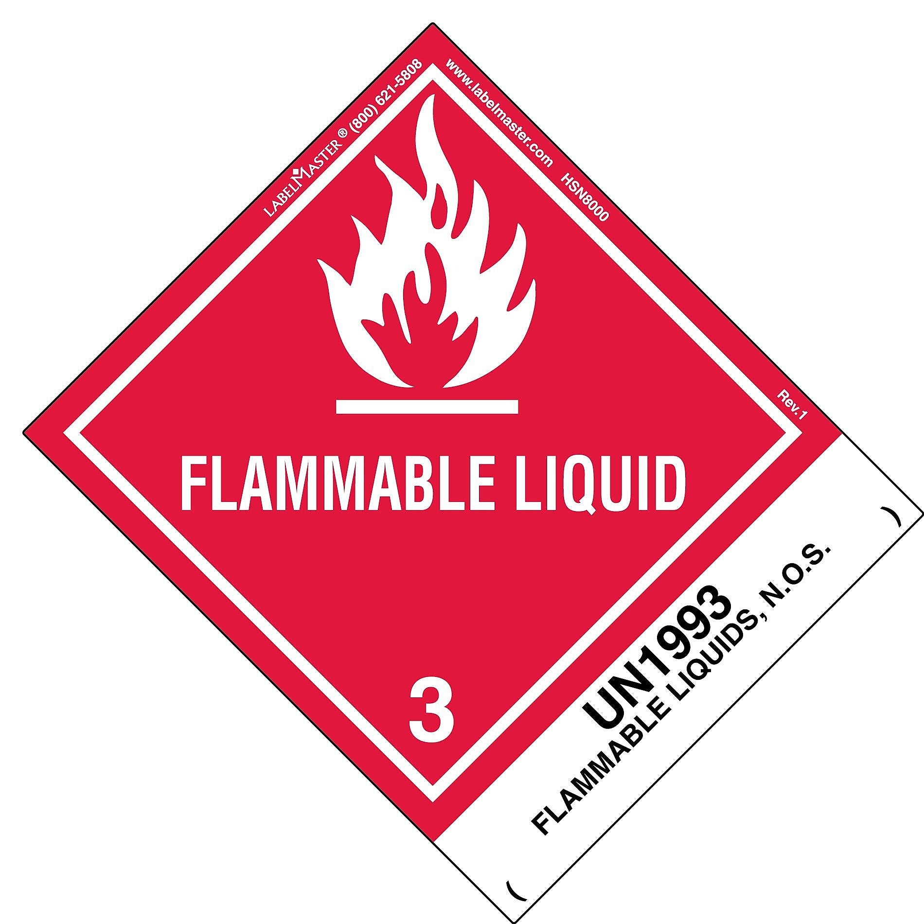 Labelmaster® Flammable Liquid Label, UN1993 Flammable Liquid N.O.S., Paper, 120mm x 100mm, 500/Roll (HSN8000)