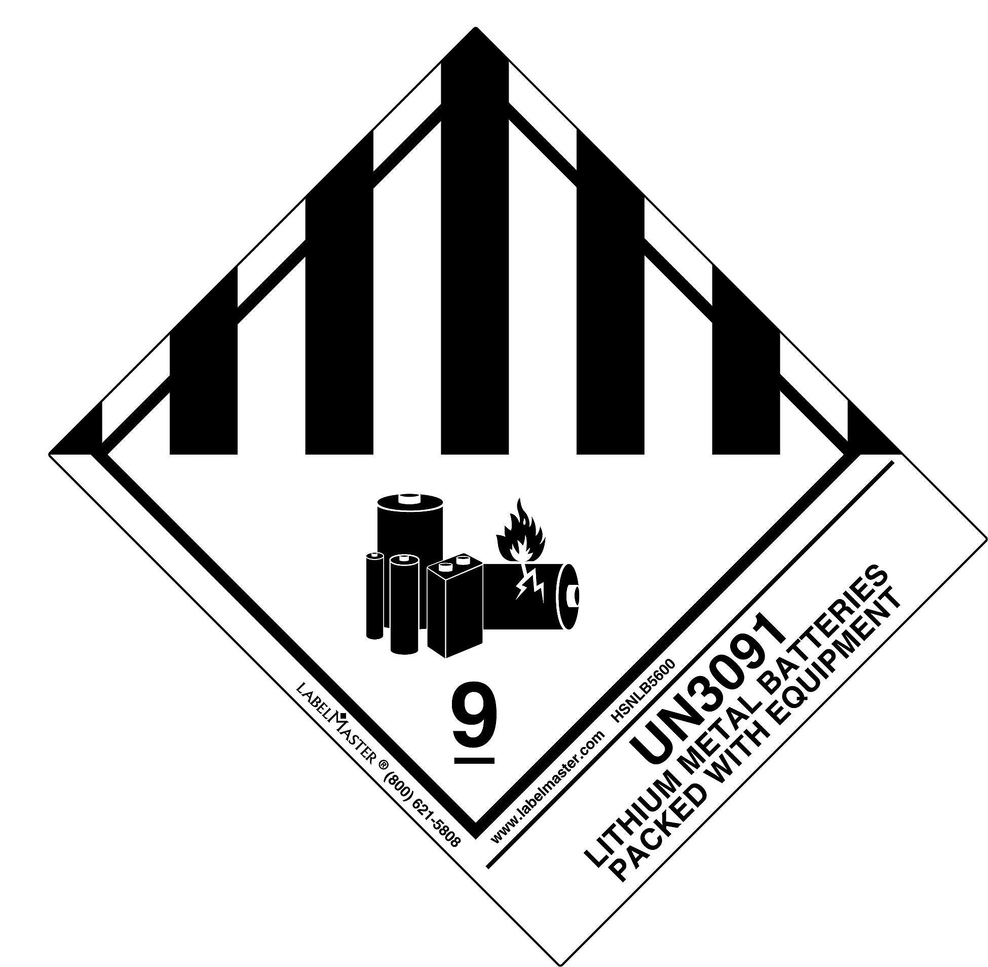 Labelmaster® UN3091 Lithium Metal Batteries Packed with Equipment Label, Std. Tab, 120mm x 100mm, 500/Roll (HSNLB5600)