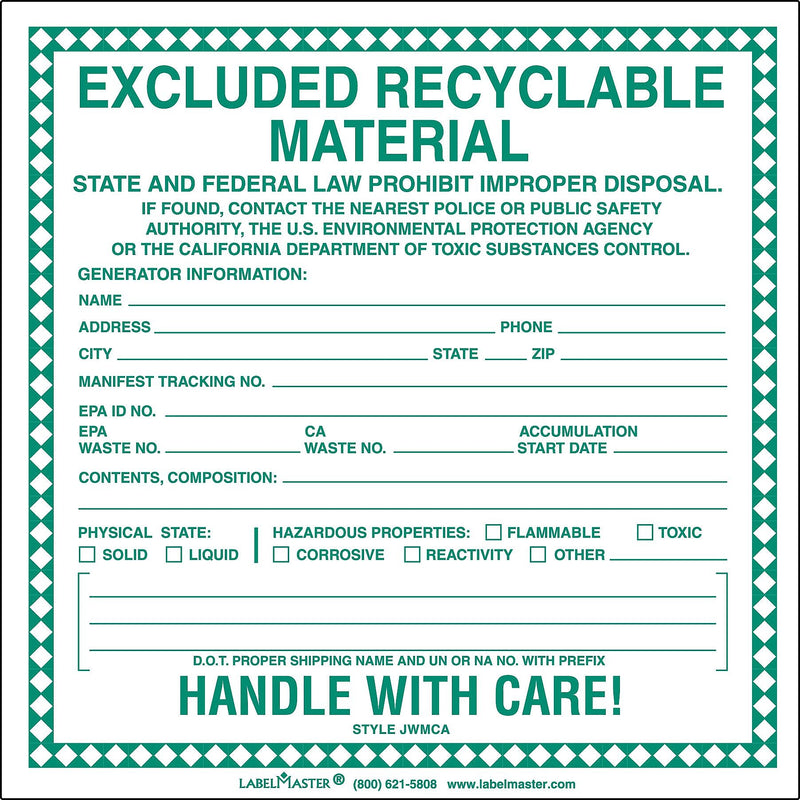 Labelmaster® Excluded Recyclable Material Label, Paper, 100/Pack (JWMCA)