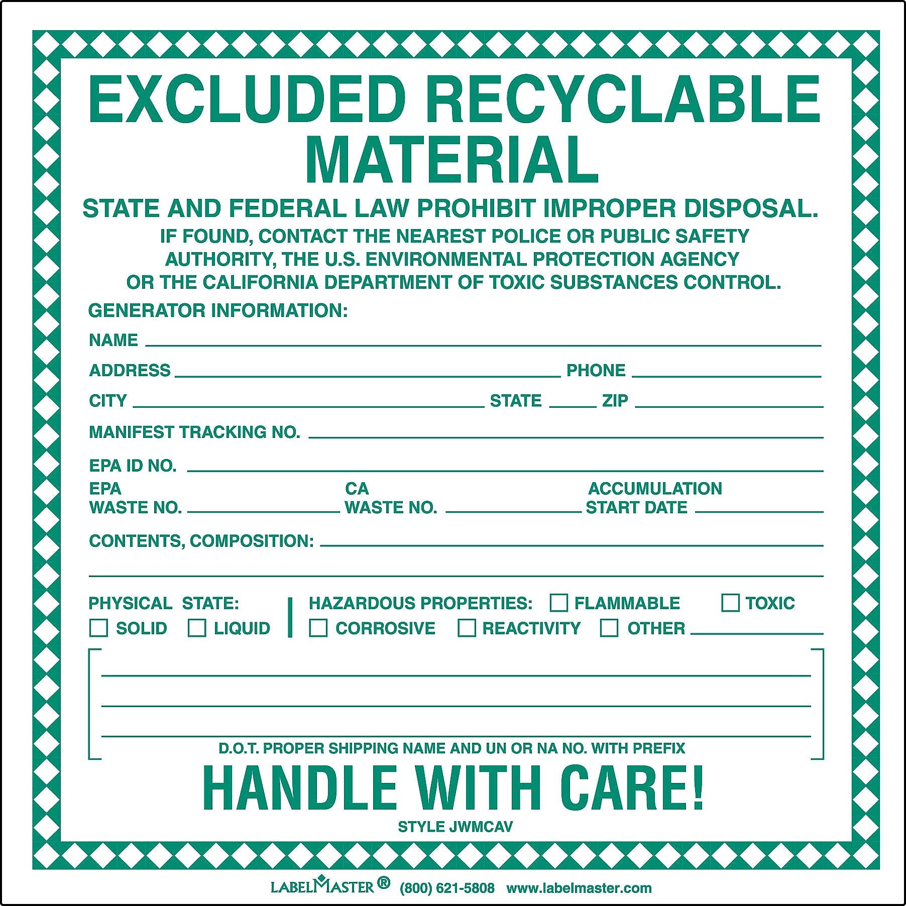 Labelmaster® Excluded Recyclable Material Label, PVC-Free Film, 100/Pack (JWMCAV)