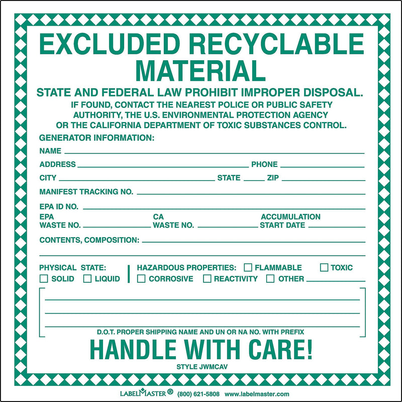 Labelmaster® Excluded Recyclable Material Label, PVC-Free Film, 100/Pack (JWMCAV)