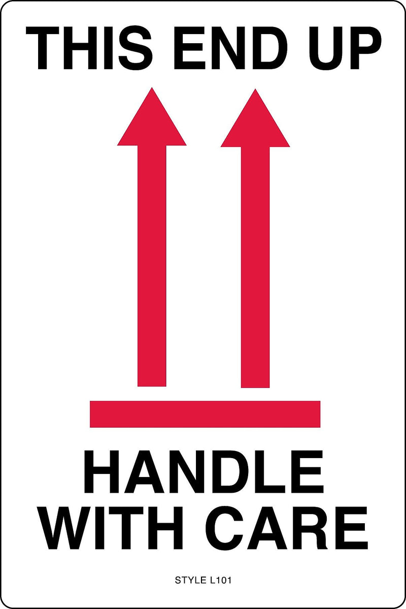 Labelmaster® This End Up Handle with Care Label, Paper, 4" x 6", 4" x 6", 500/Roll (L101)