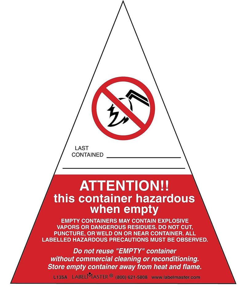 Labelmaster® Attention This Container Hazardous When Empty Label, 4" x 5", 5" x 4", 100/Pack (L135A)