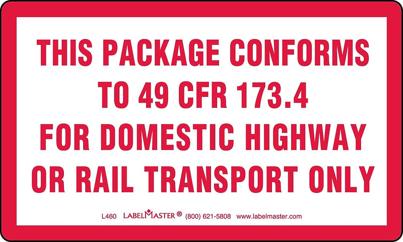 Labelmaster® This Package Conforms to 49 CFR Marking, 173.4, Paper, 3" x 5", 500/Roll (L460)