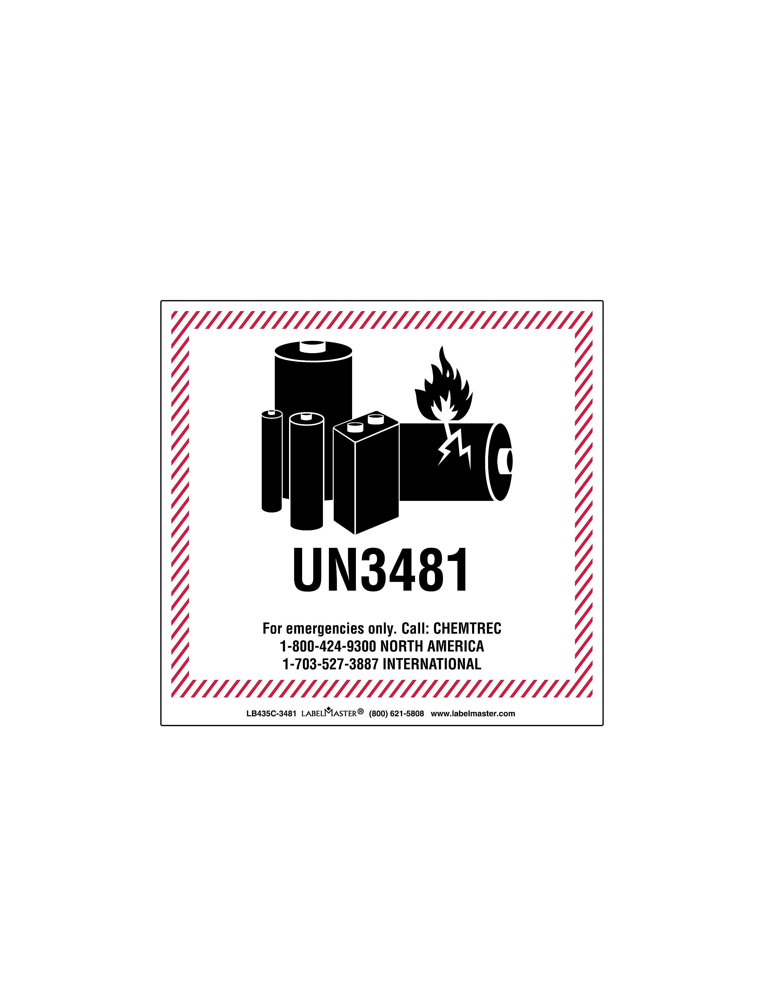Labelmaster® Chemtrec UN3481 Lithium Battery Handling Marking, 126mm x 121mm, Paper, 110mm x 120mm, 500/Roll (LB435C-3481)