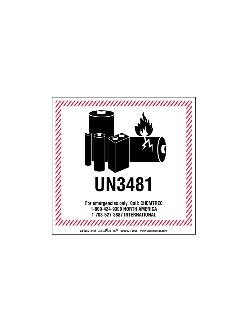 Labelmaster® Chemtrec UN3481 Lithium Battery Handling Marking, 126mm x 121mm, Paper, 110mm x 120mm, 500/Roll (LB435C-3481)