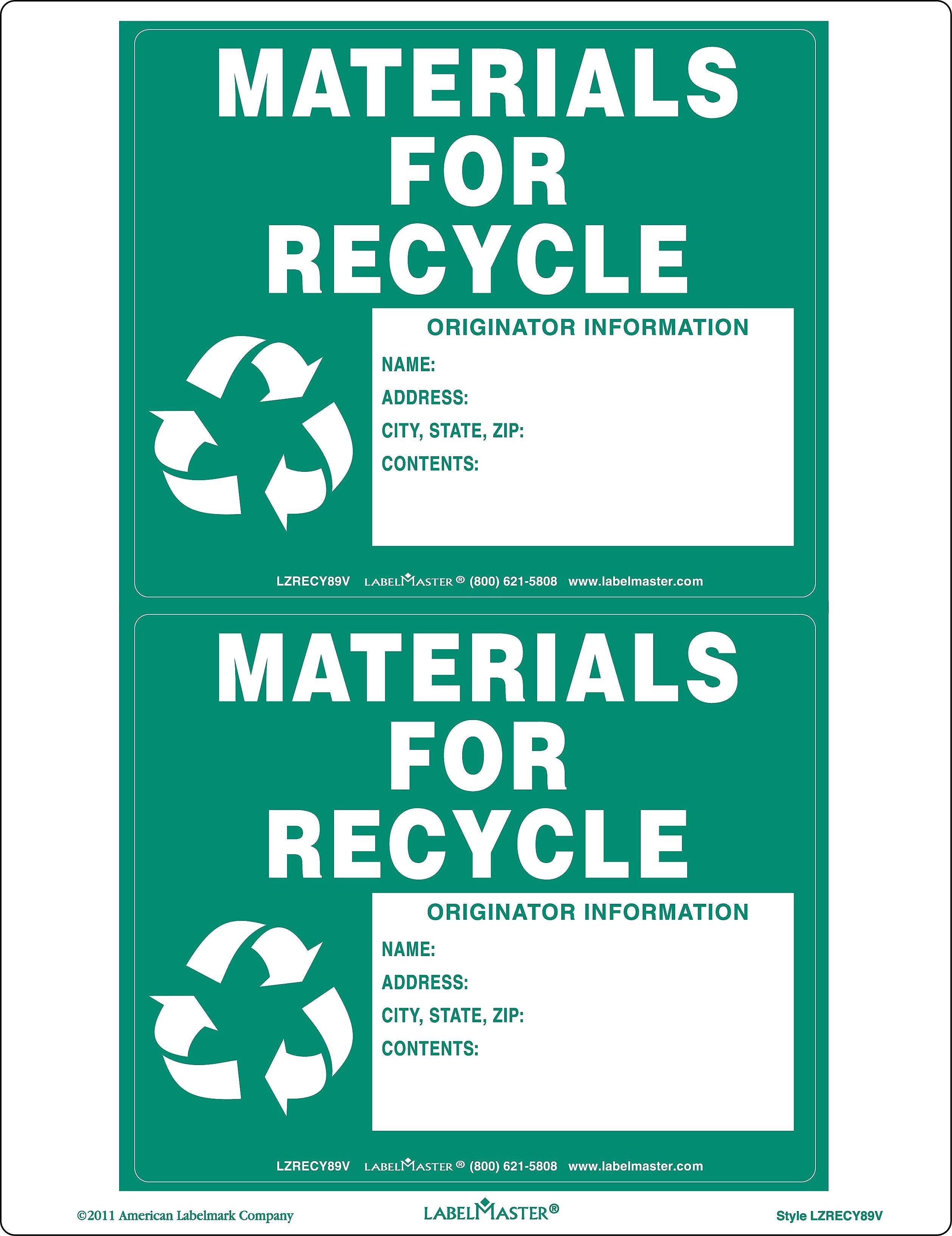 Labelmaster® Materials for Recycle Label, Blank, Laser Imprintable Vinyl, 11" x 8.5", 25/Carton (LZRECY89V)