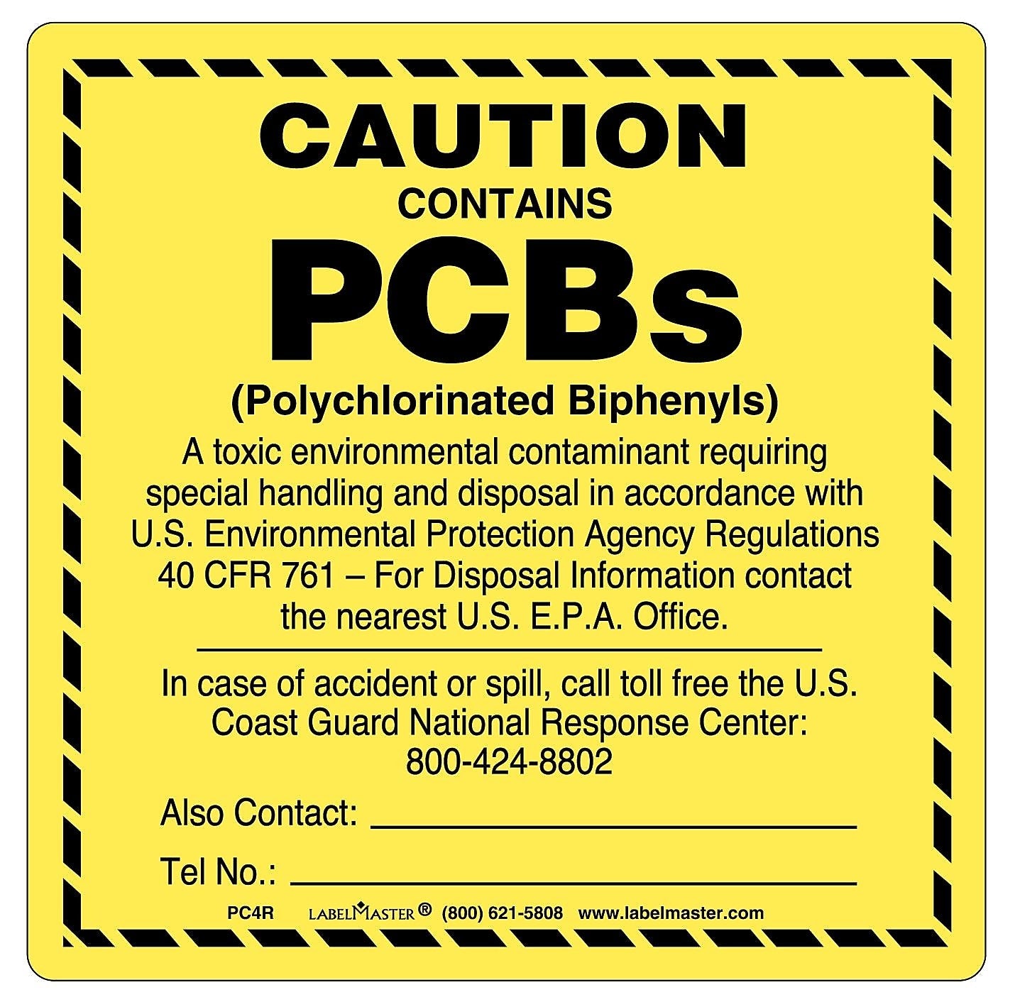 Labelmaster® Caution Contains PCBs Label, 4" x 4", 4" x 4", 50/Pack (PC4R)