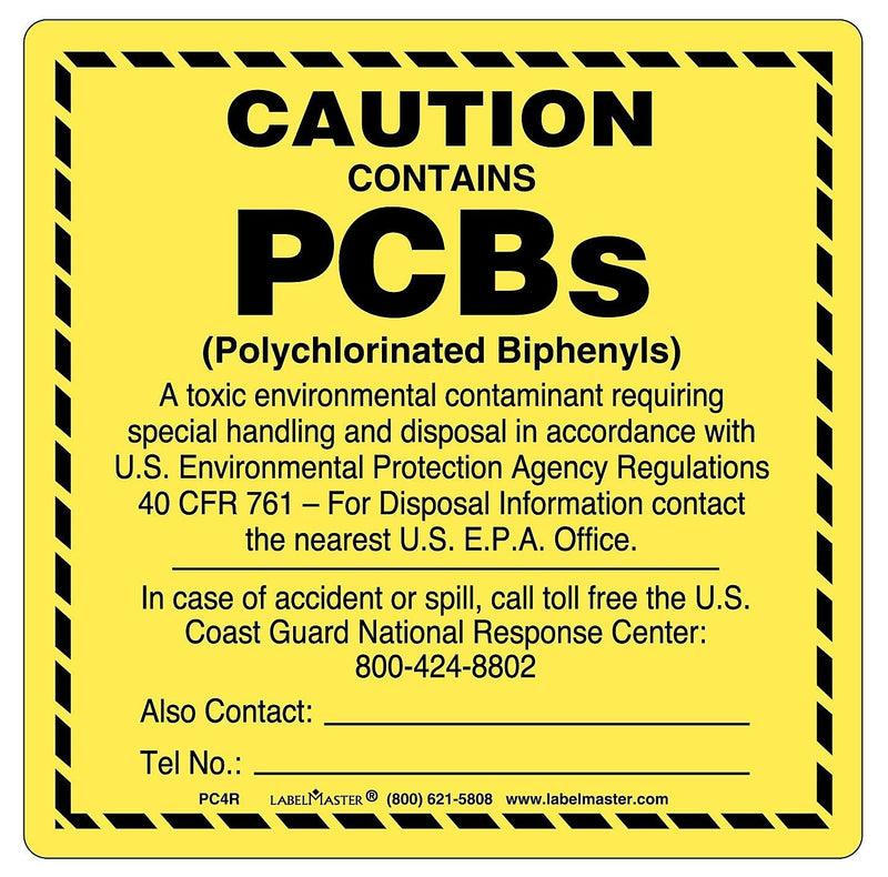 Labelmaster® Caution Contains PCBs Label, 4" x 4", 4" x 4", 50/Pack (PC4R)
