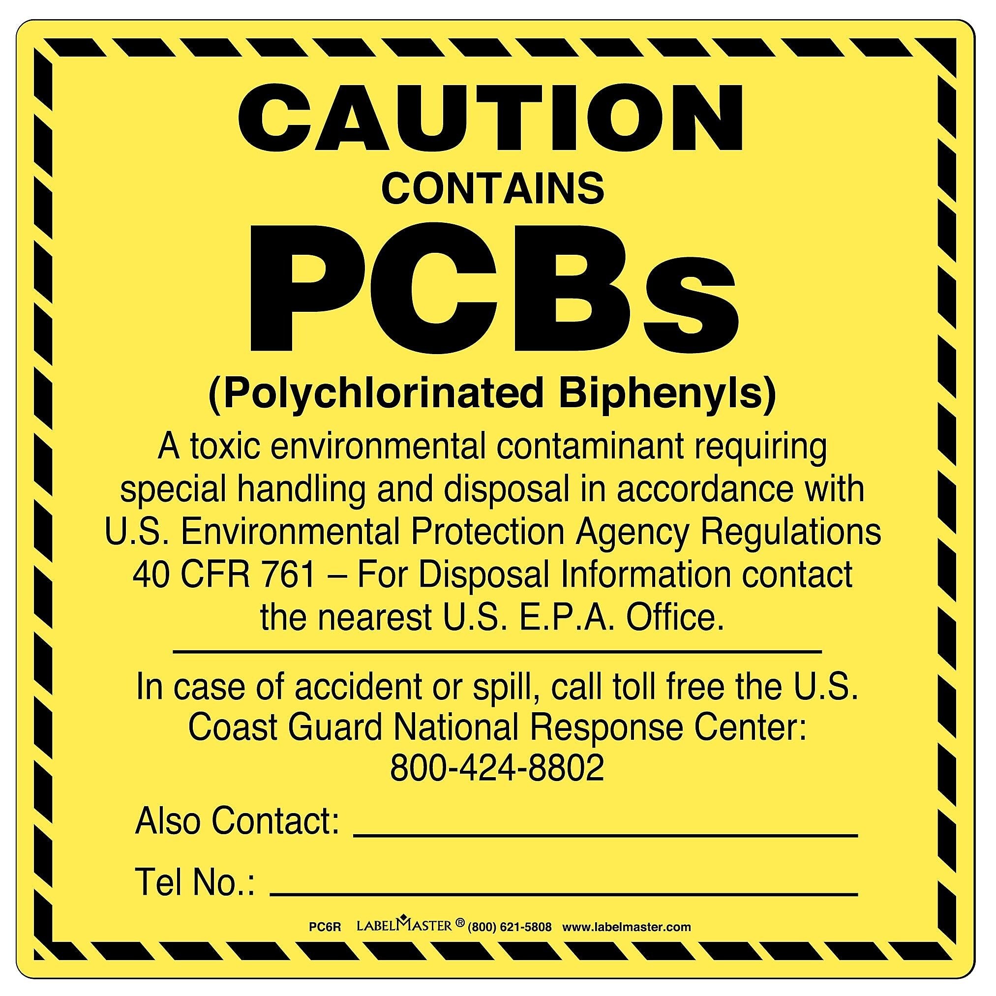 Labelmaster® Caution Contains PCBs Label, 6" x 6", 50/Pack (PC6R)