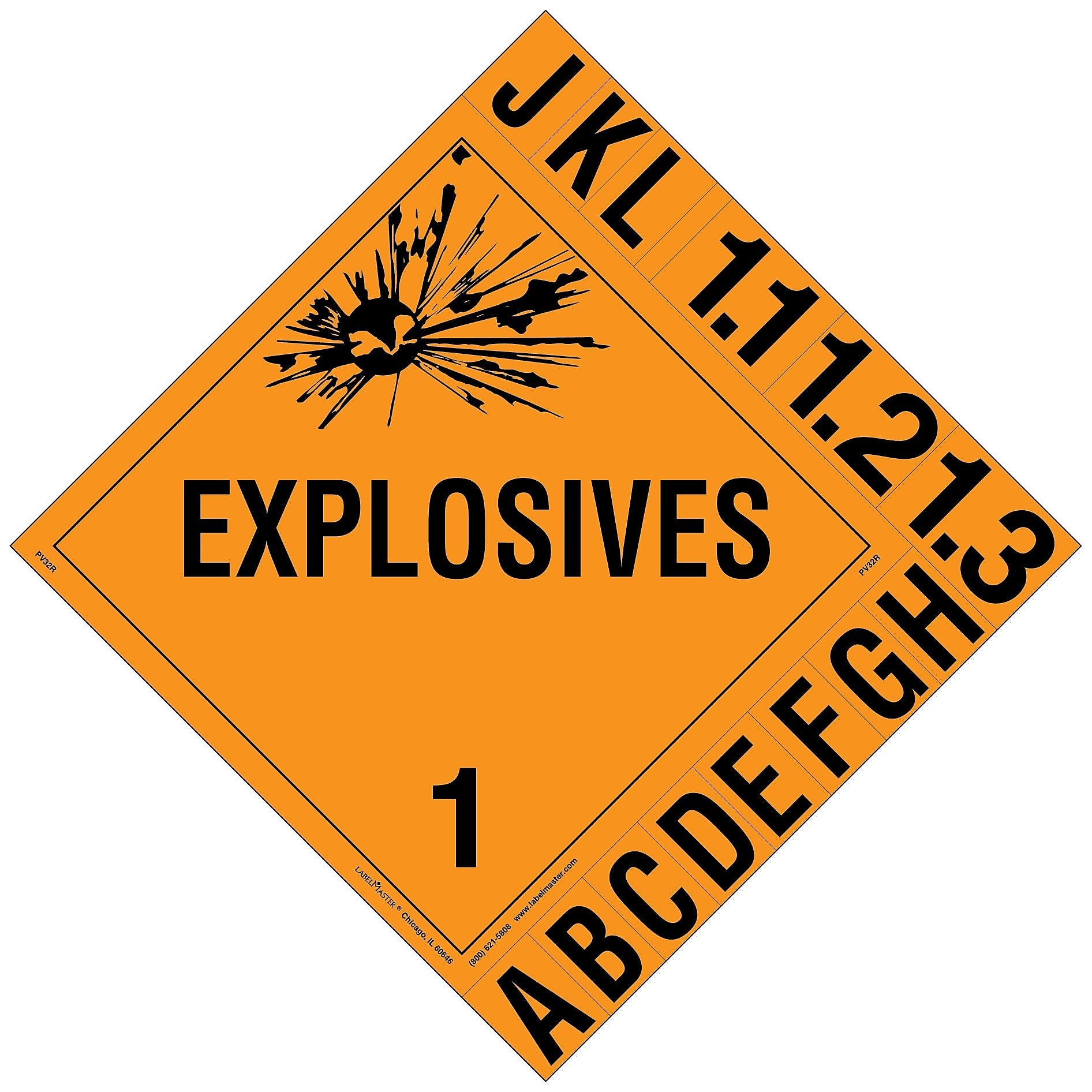 Labelmaster® Explosive Class 1.1, 1.2 & 1.3 Placard w/Tabs, Permanent Vinyl, 273mm x 273mm, 25/Pack (PV32R)